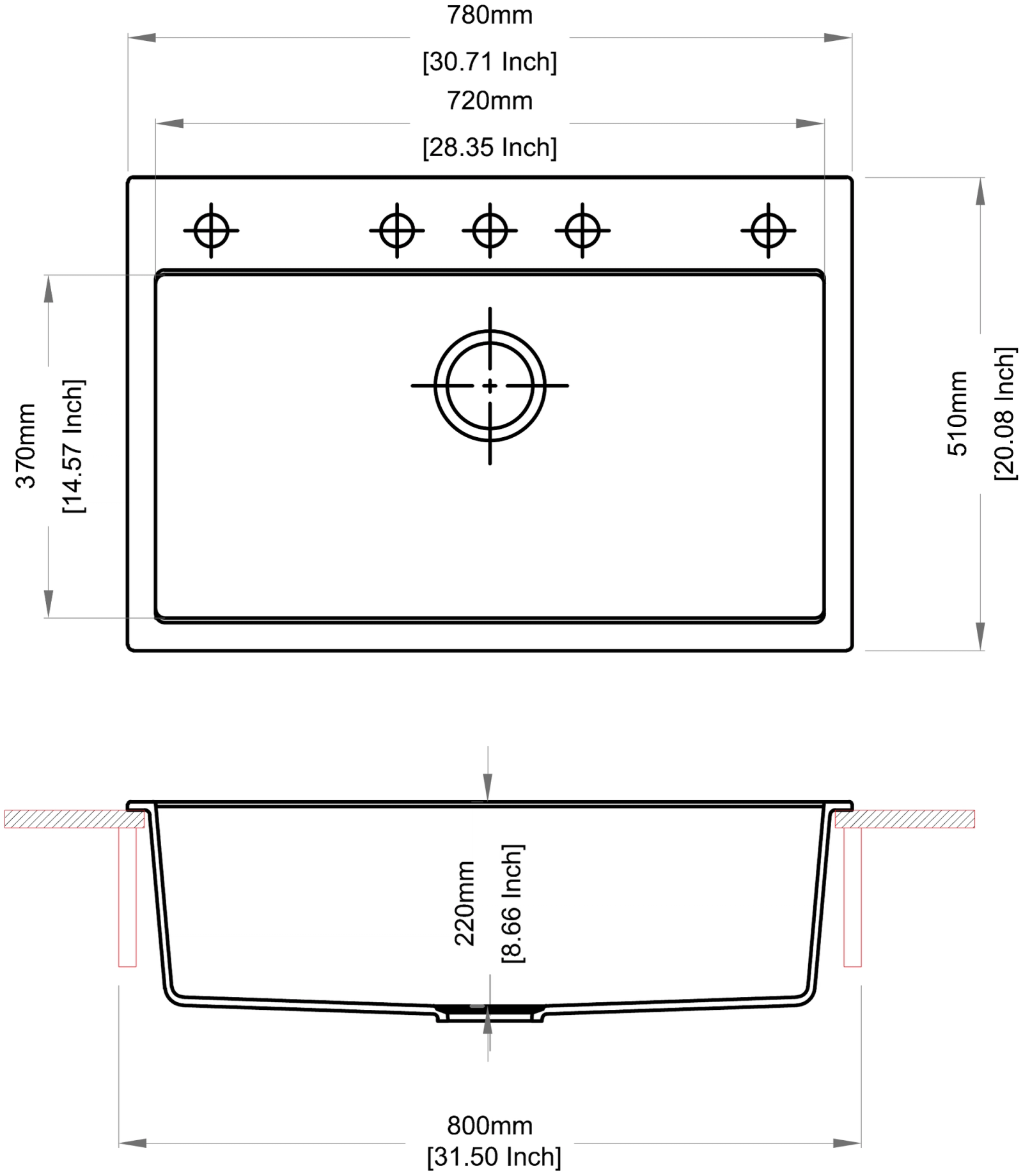 Carysil 780 Waltz Single Bowl Kitchen Sink technical drawing