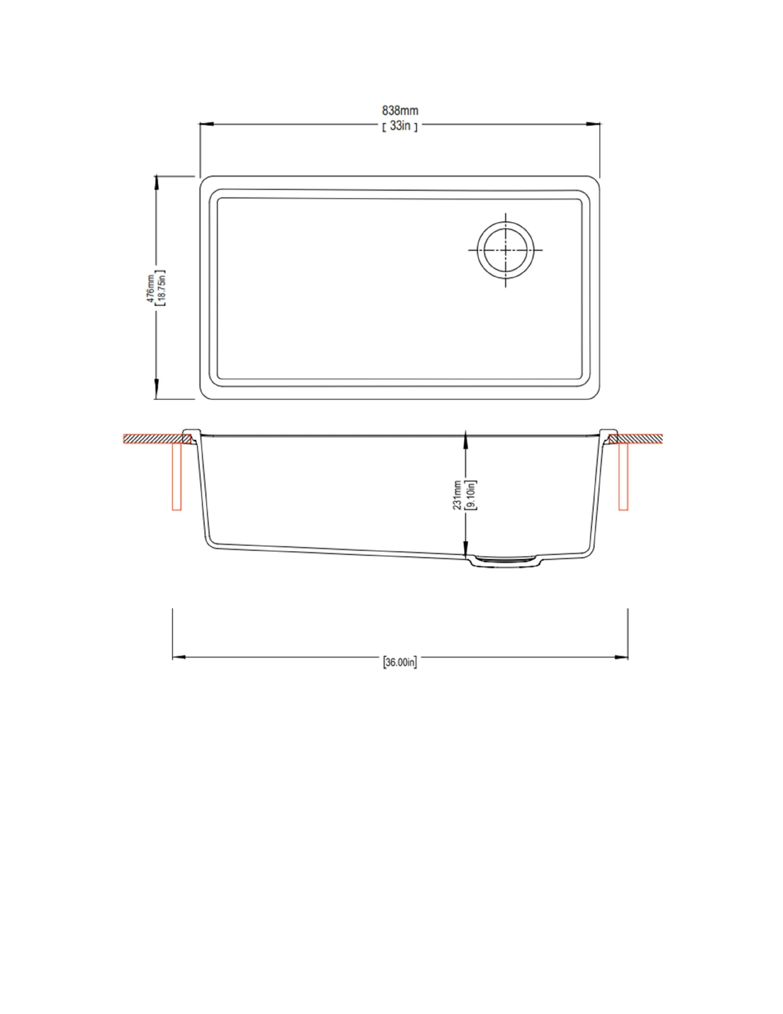 Carysil U 13322 Tango Single Bowl Kitchen Sink technical drawing