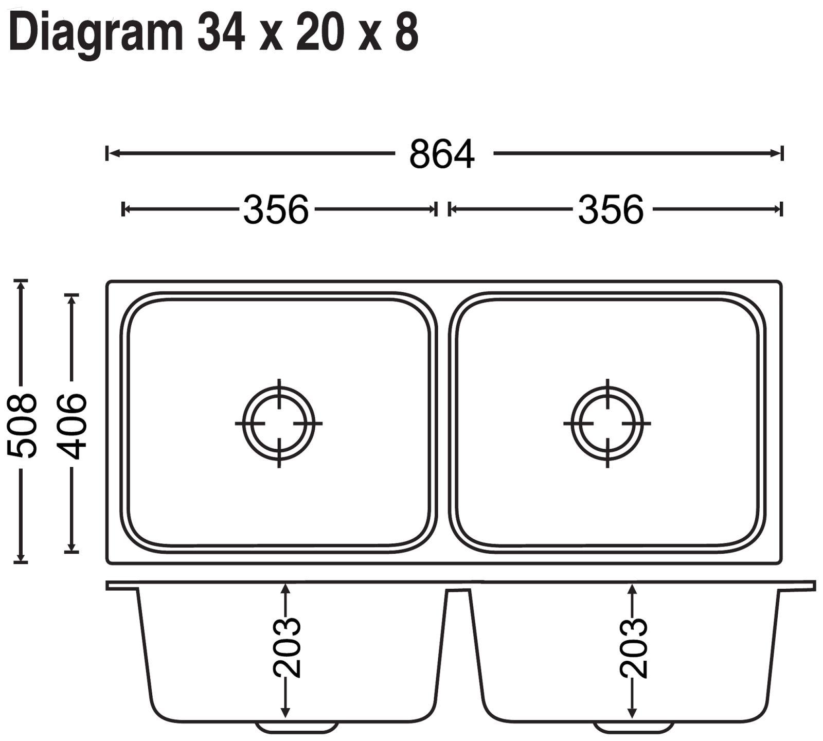 Carysil Elegance Double Bowl 34x20x8 technical drawing