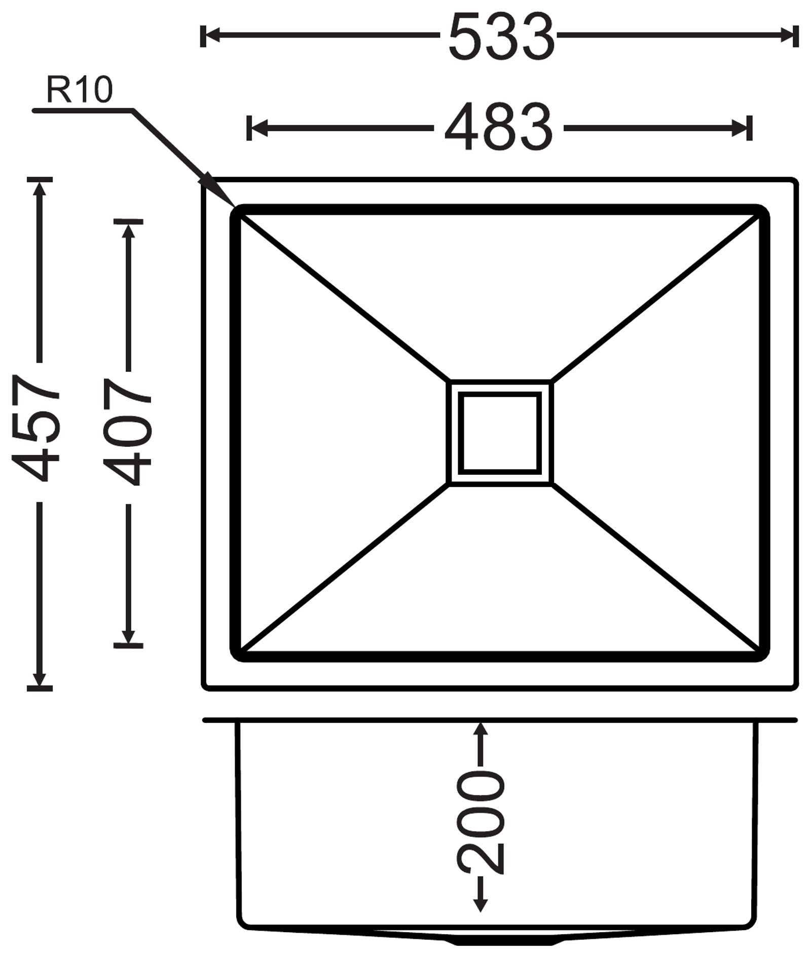 Carysil PMQ 2 PVD Single Bowl Kitchen Sink technical drawing