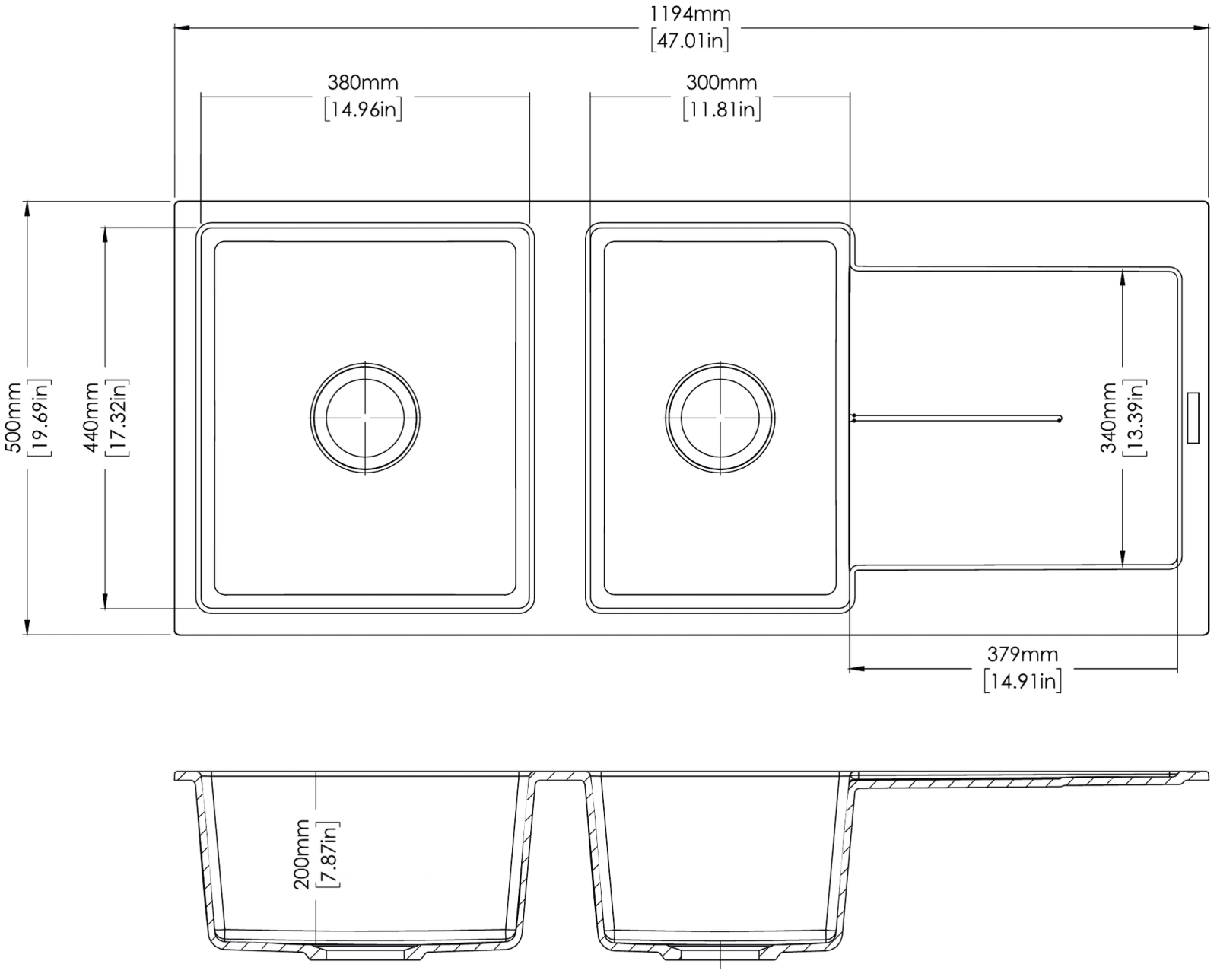 Carysil D200L Enigma Double bowl with Drainer Kitchen Sink technical drawing