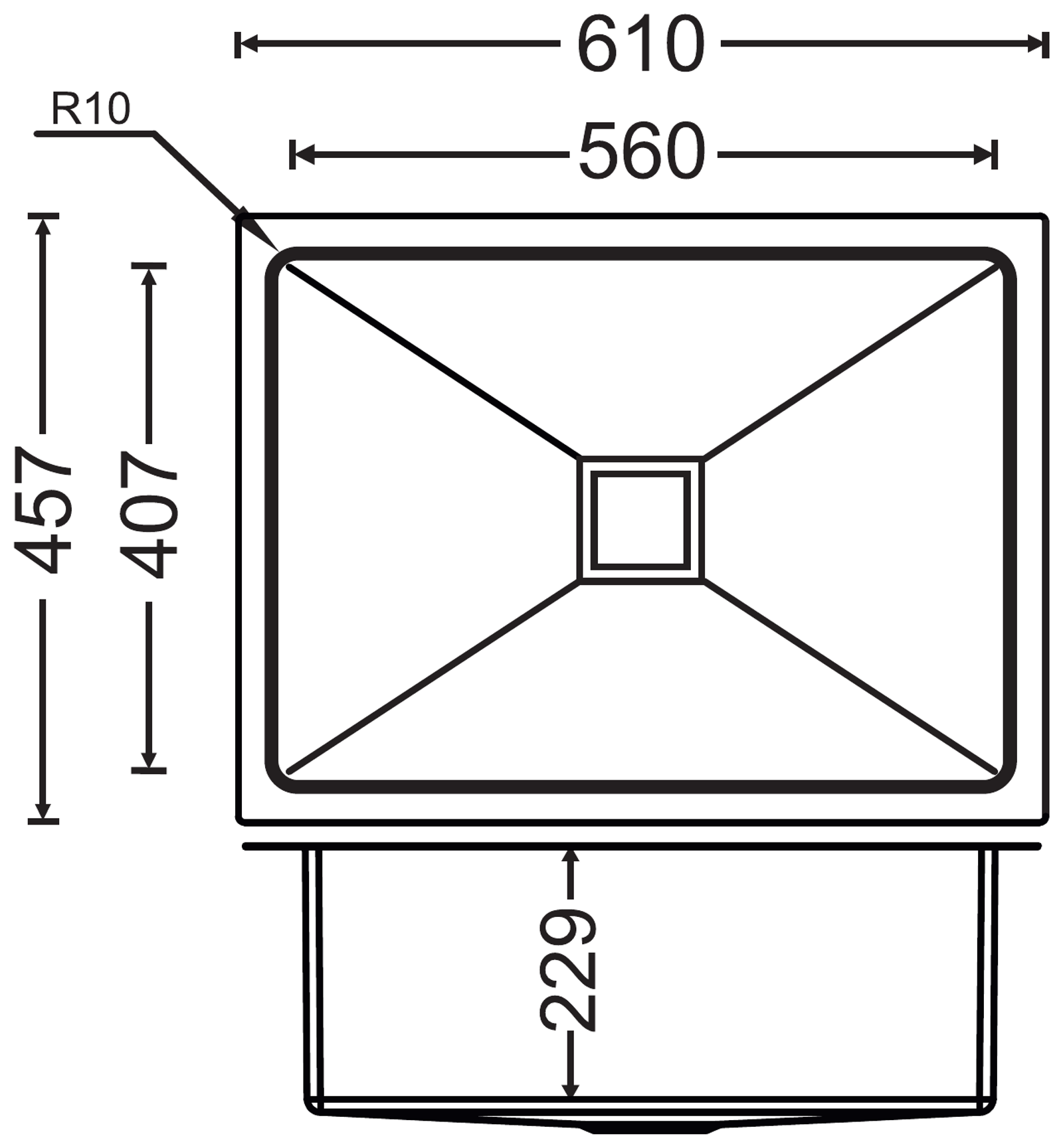 Micro Radius R10 Single Bowl 24x18x9 technical drawing