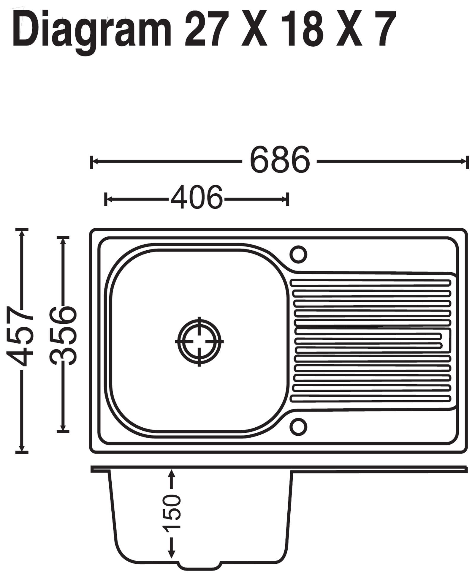 Carysil Vogue Single Bowl With Drainer 27x18x7 technical drawing