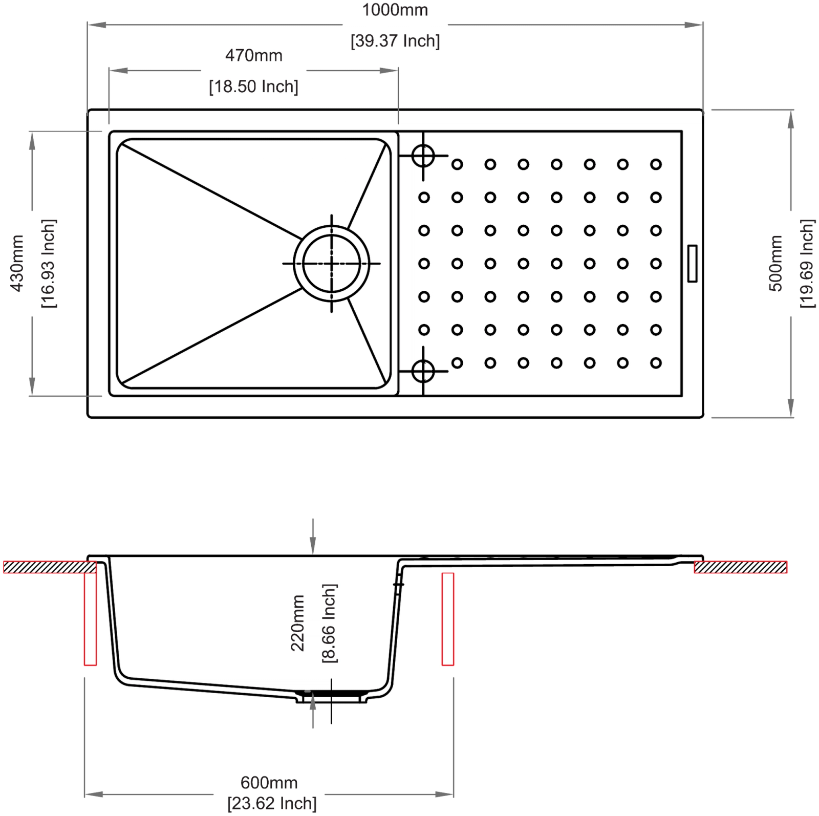 Carysil D100L Polo Single Bowl with Drainer Kitchen Sink technical drawing