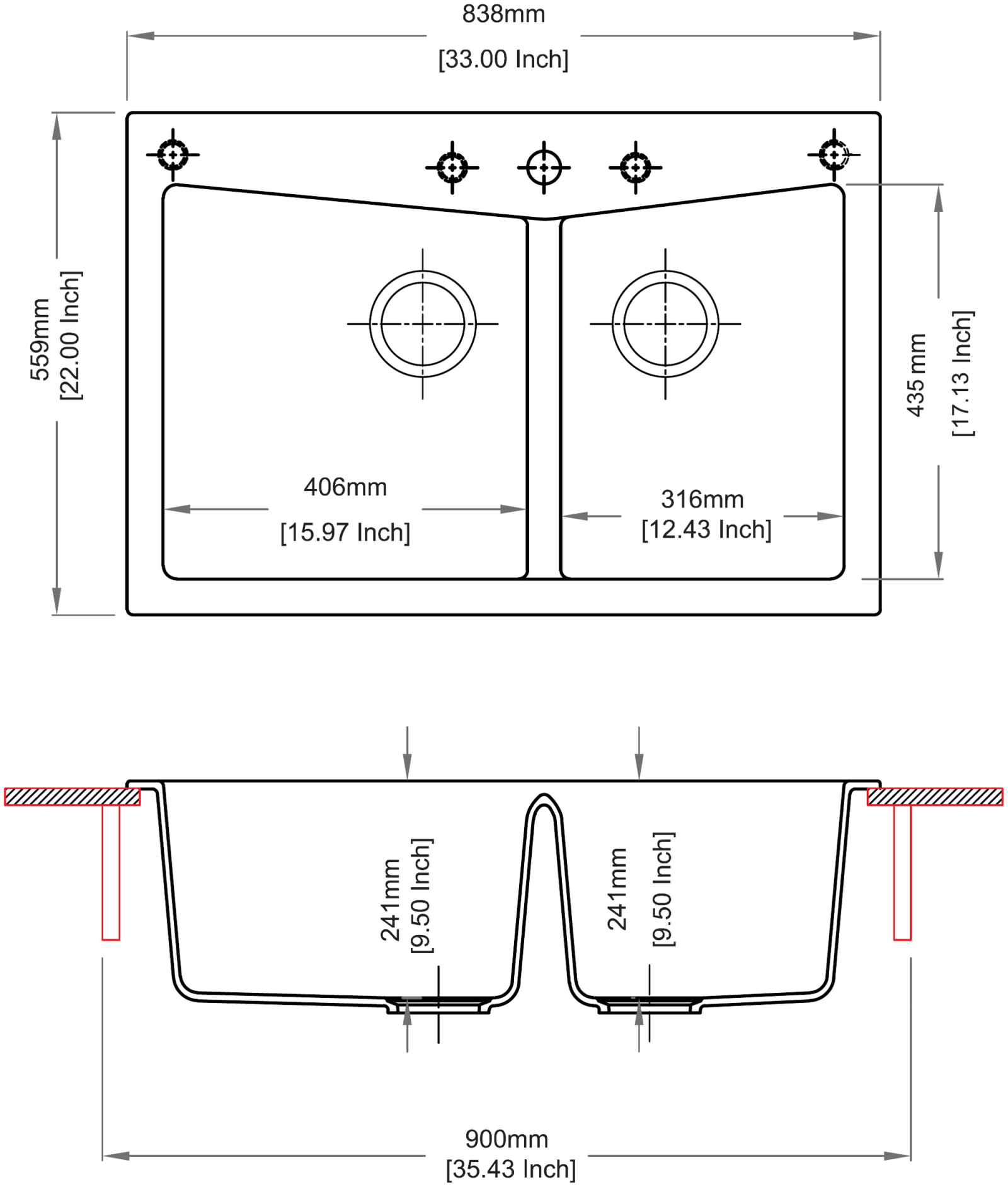 Carysil CGDB 3322 Double Bowl Kitchen Sink technical drawing
