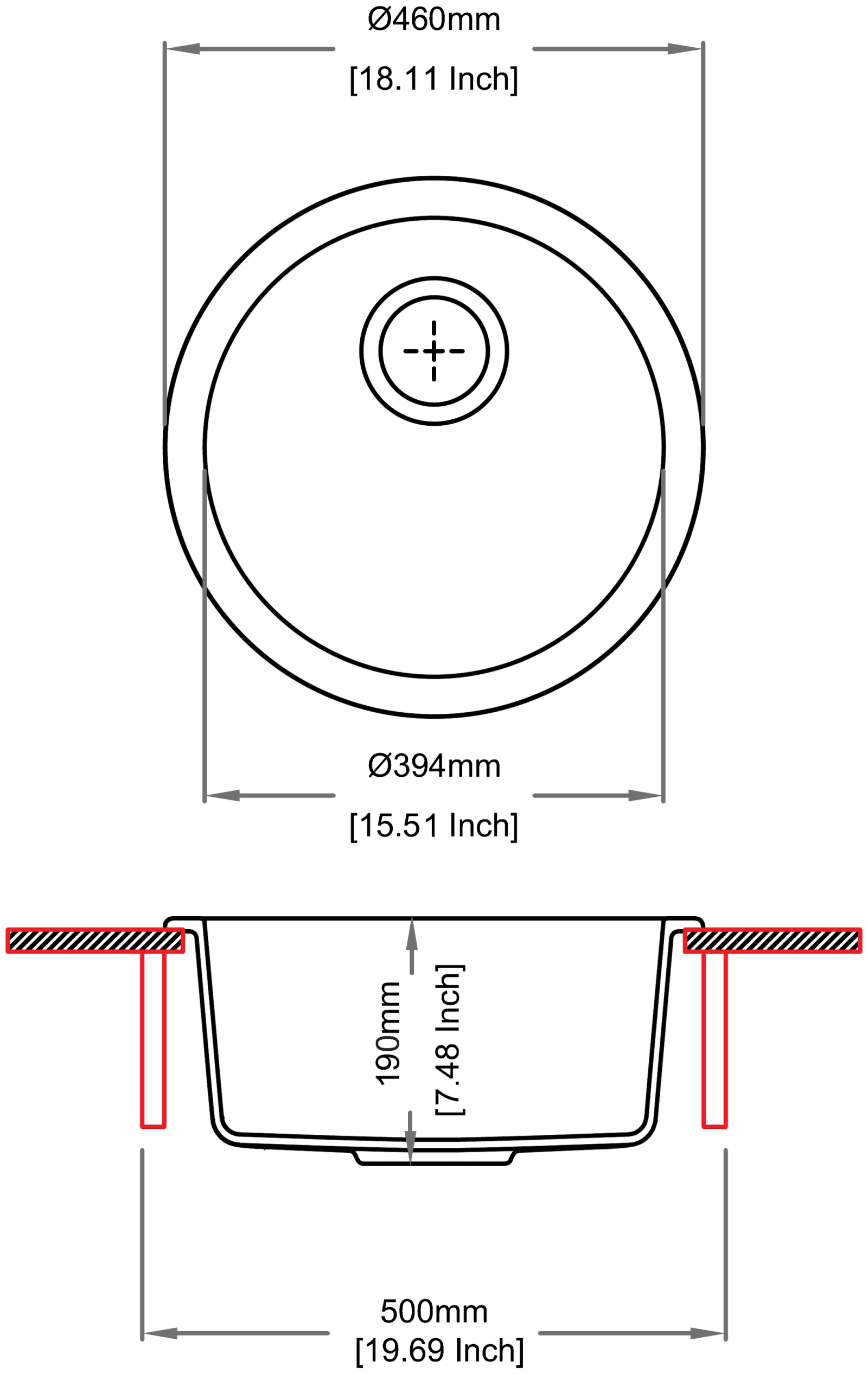 Carysil Rock Single Bowl Kitchen Sink technical drawing