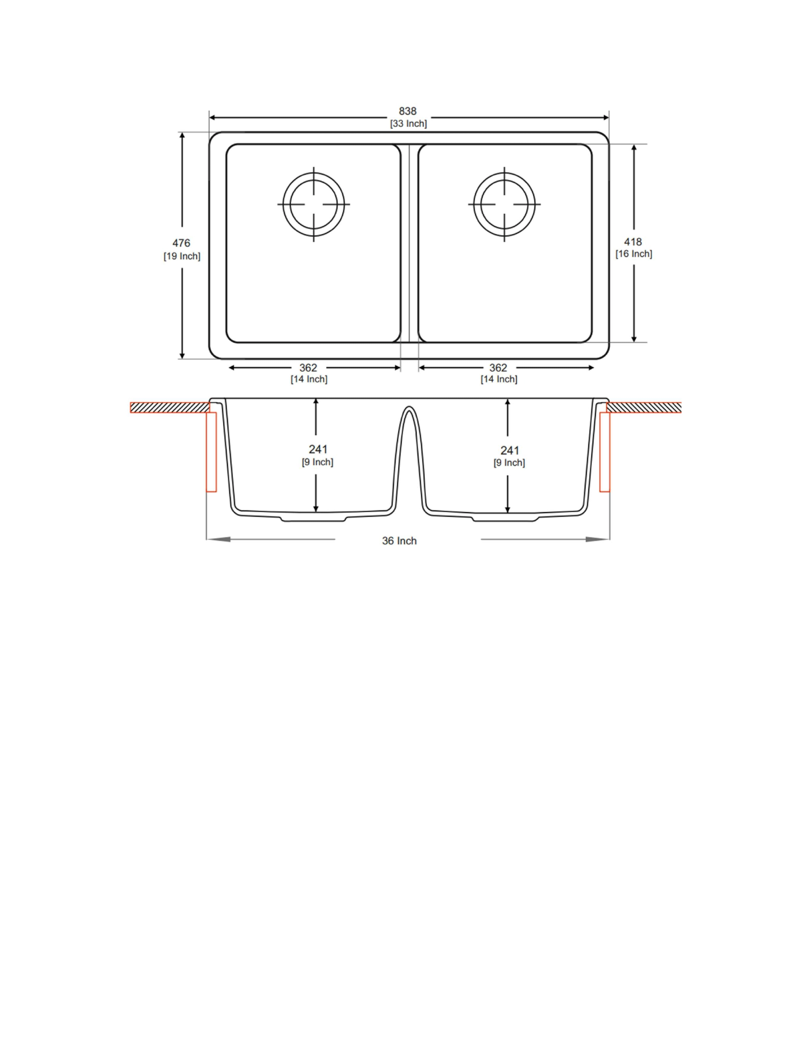 Carysil U 3322 Tango Double Bowl kitchen Sink technical drawing