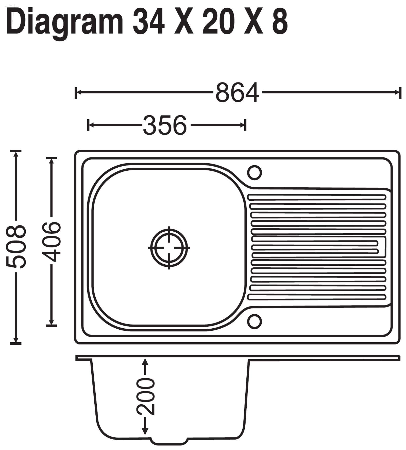 Carysil Vogue Single Bowl With Drainer 34x20x8 technical drawing