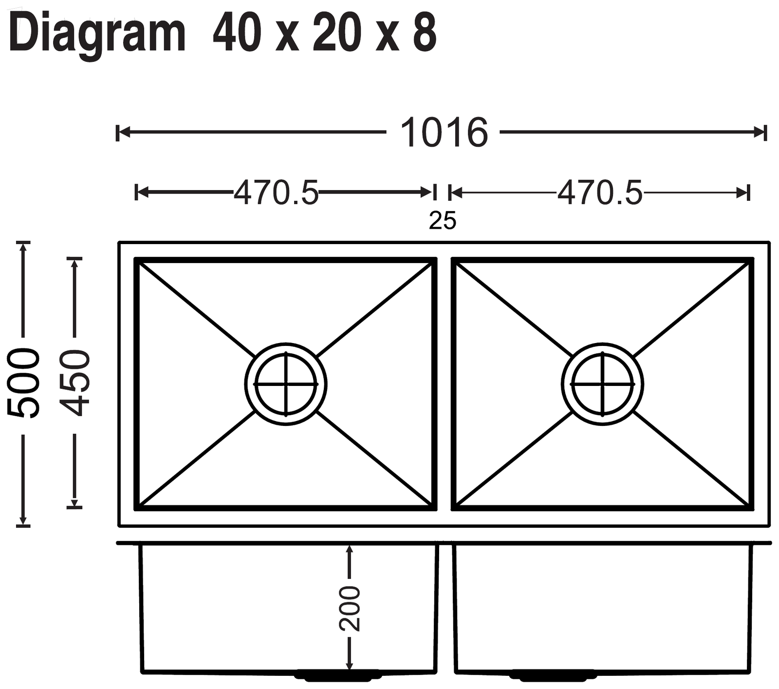 Carysil Quadro Double Bowl 40x20x8 technical drawing