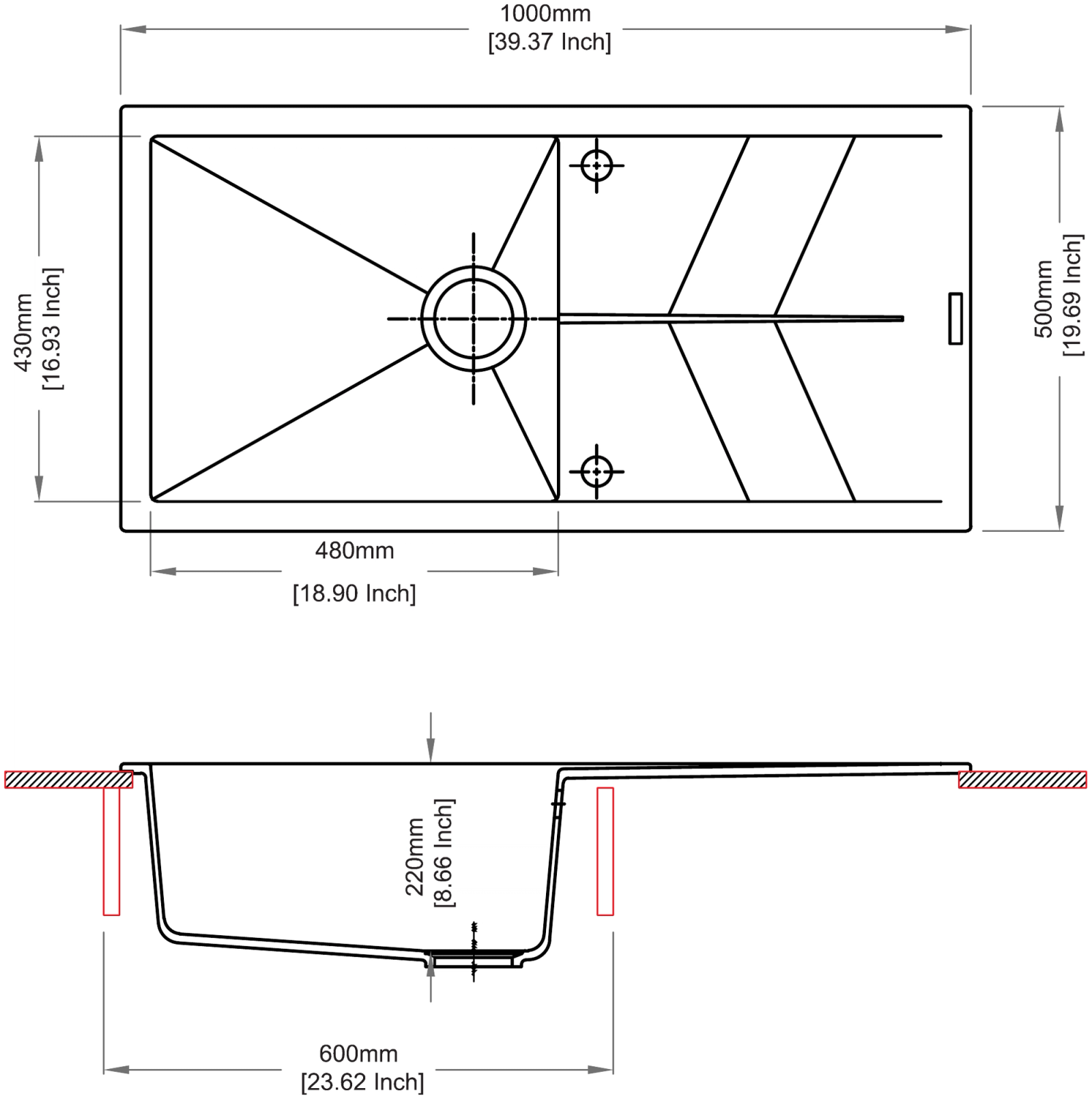 Carysil D100L Jazz Single Bowl with Drainer Kitchen Sink technical drawing
