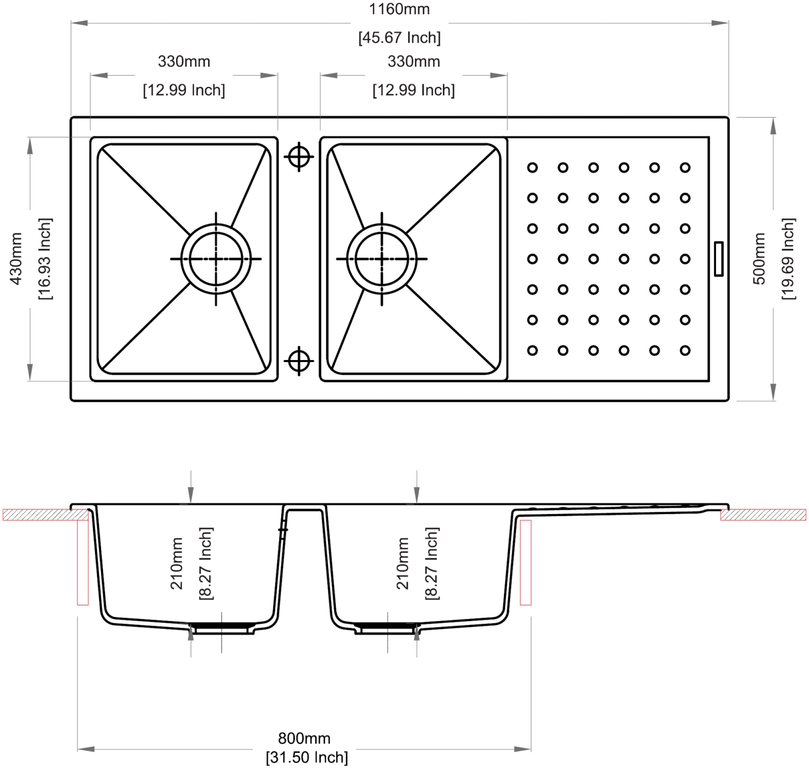 Carysil D200 Polo Double Bowl with Drainer Kitchen sink technical drawing