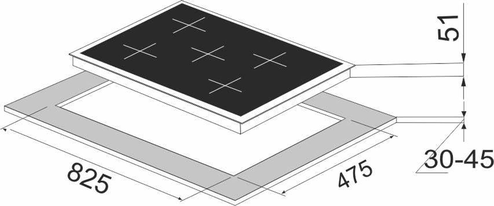 Carysil Tek Plus 90cm Built-in Glass Hob, 5 Brass Burner technical drawing