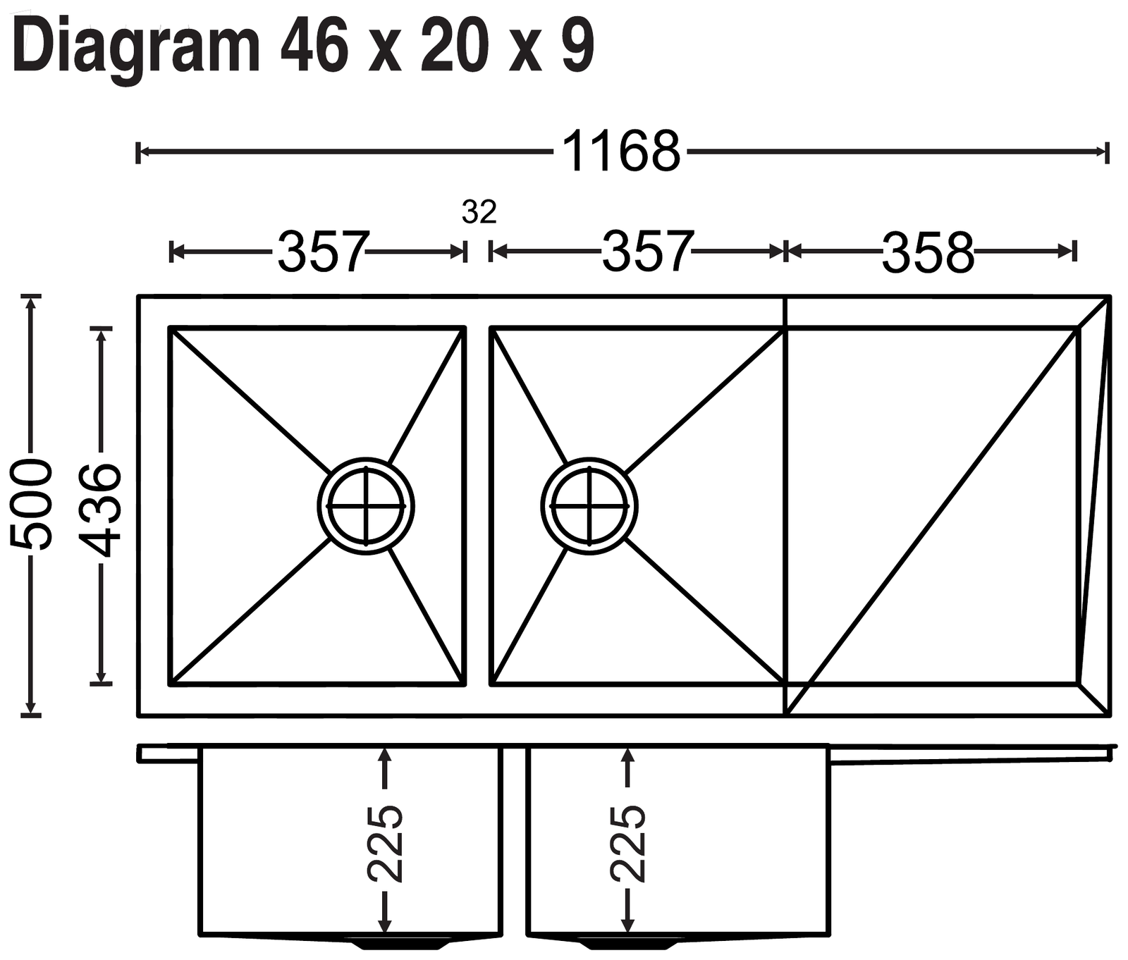 Carysil Quadro Double Bowl With Drainer 46x20x9 technical drawing