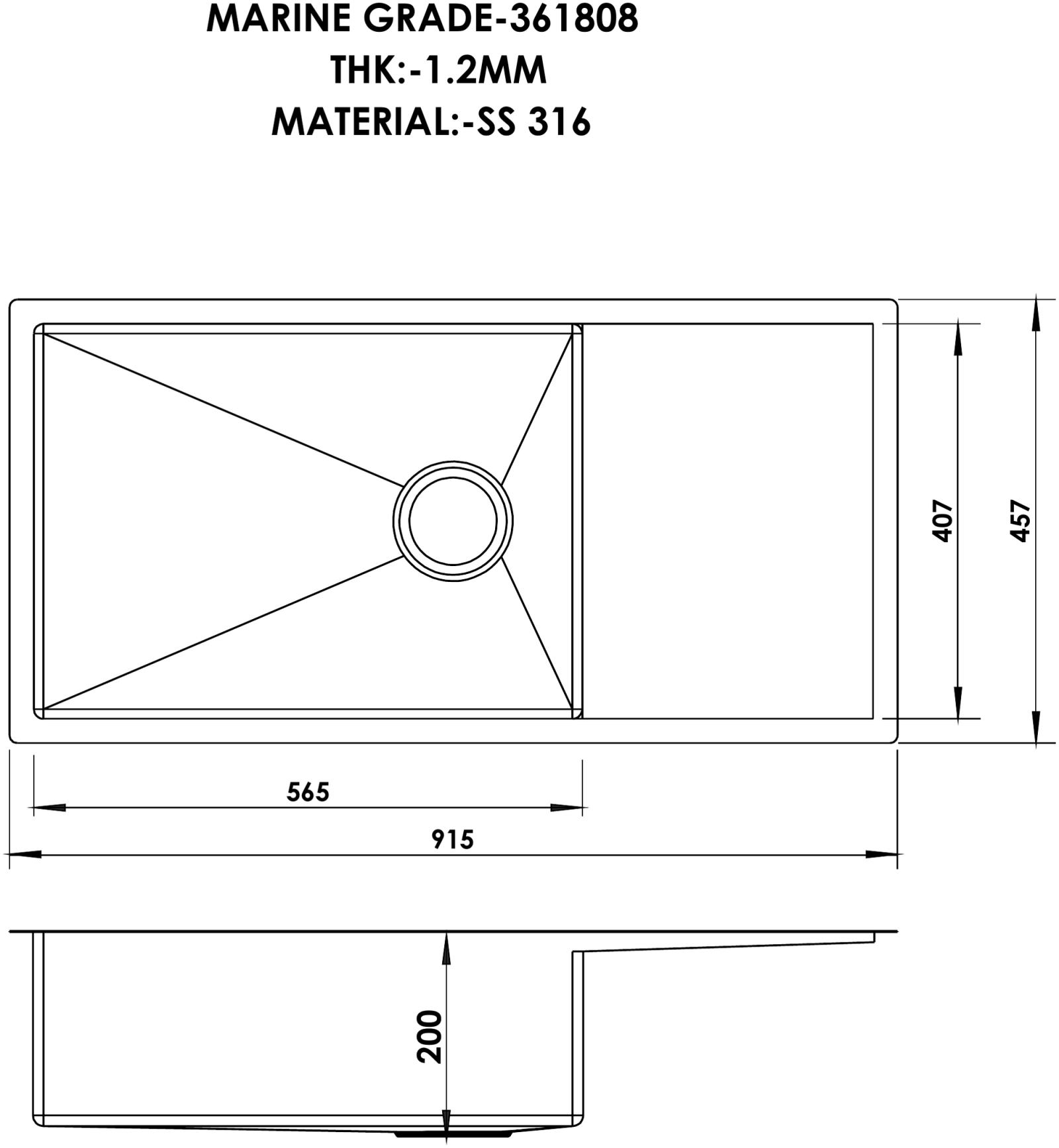 15 Marine Grade One Bowl Drainer 36x18x8 technical drawing