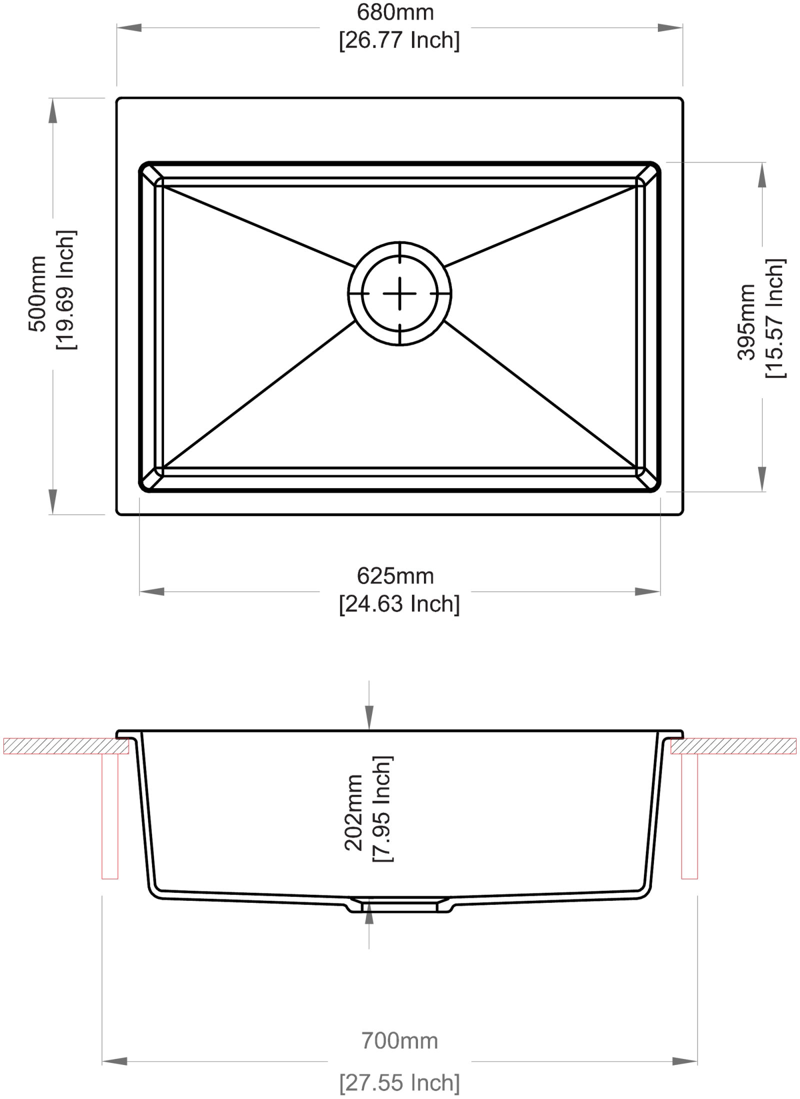 Carysil 680 Waltz Single Bowl Kitchen Sink technical drawing
