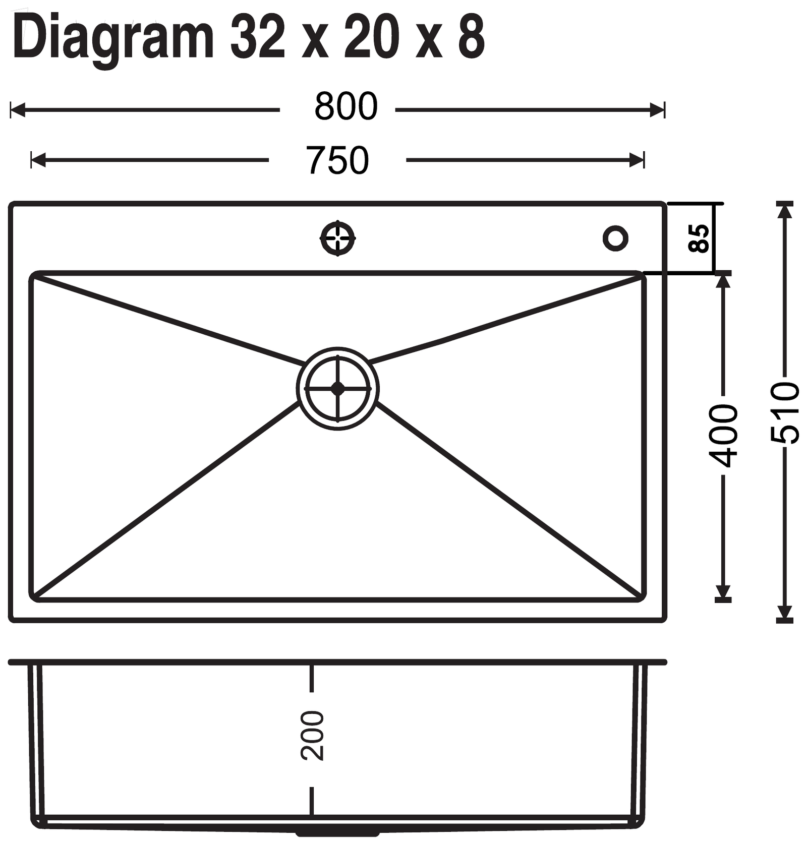 Carysil Micro Radius Waltz Single Bowl 31x20x8 technical drawing