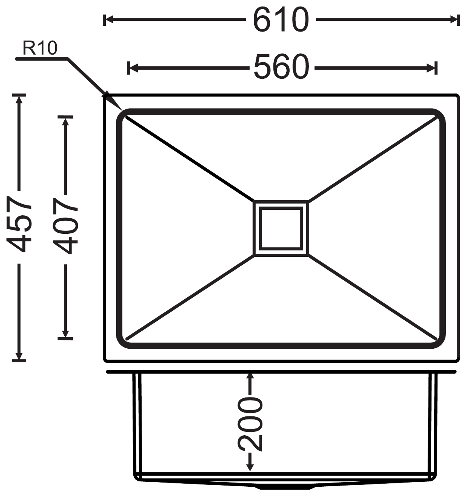 Carysil PMQ 3 PVD Single Bowl Kitchen Sink technical drawing