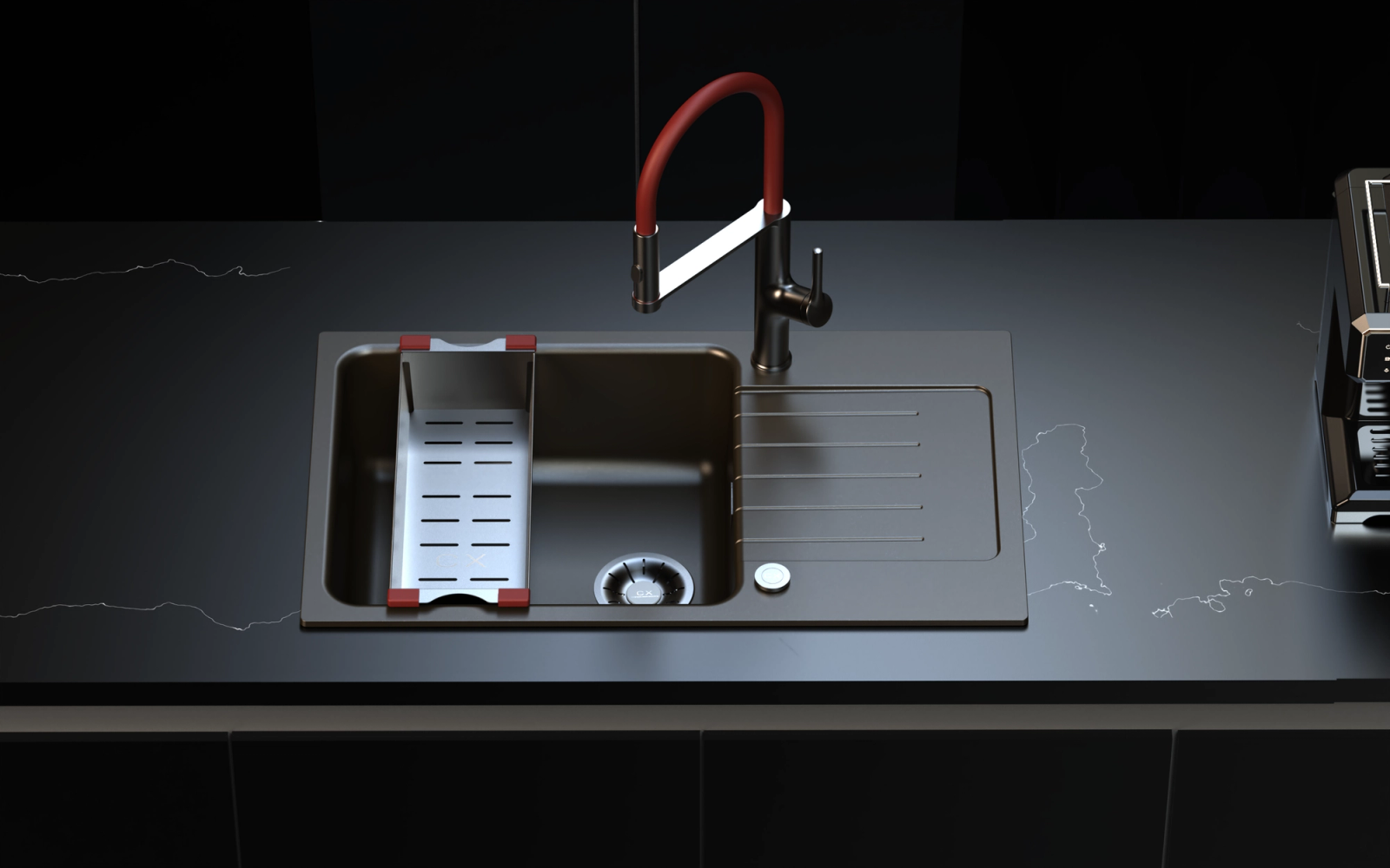 CX Serene Race Edition with red pull-out faucet and colander