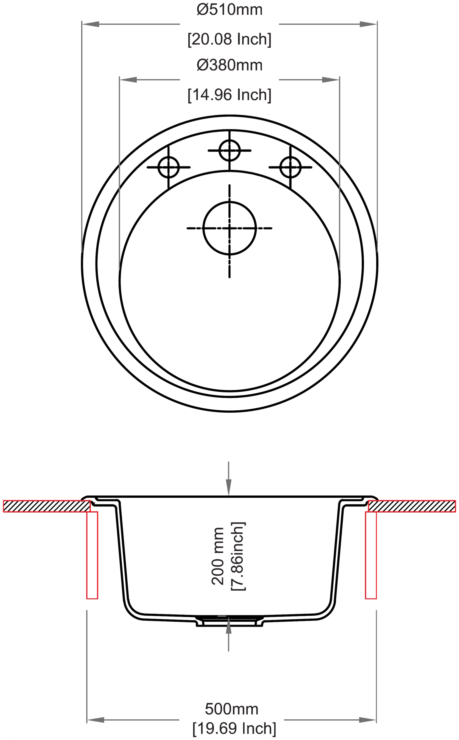 Carysil Rock O Single Bowl Kitchen Sink technical drawing