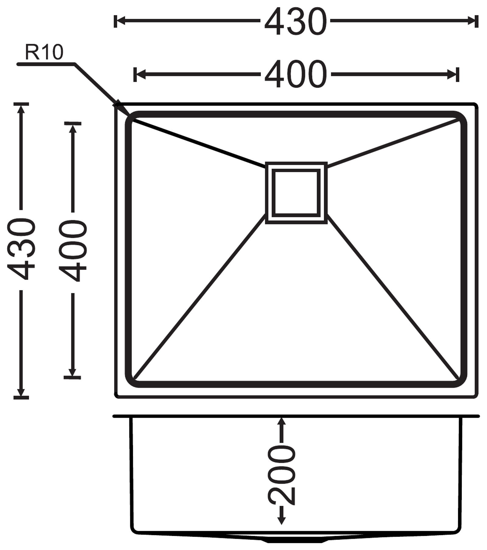 Carysil PMQ 10 PVD Single Bowl Kitchen Sink technical drawing