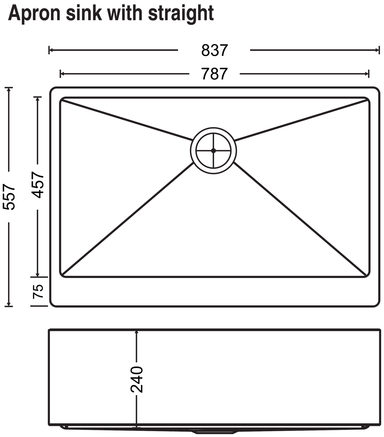 Carysil Straight Appron Sink 33x22x9 technical drawing