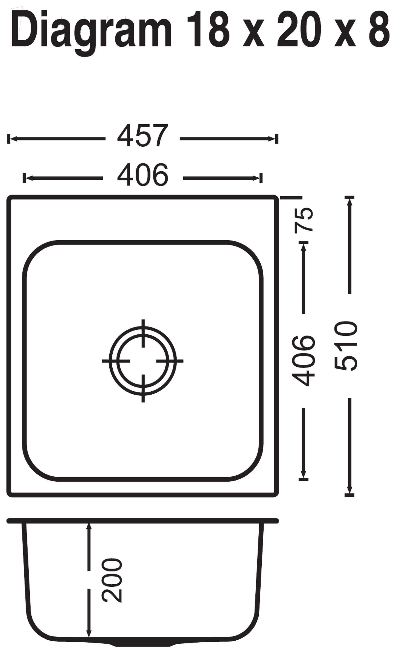 Carysil Elegance Plus Single Bowl 18x20x8 technical drawing