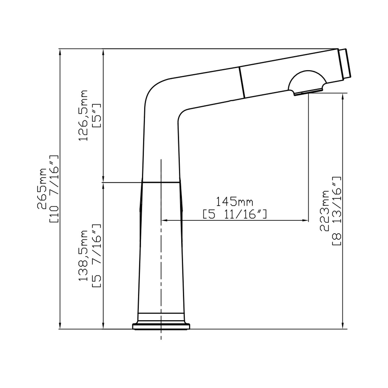 Carysil Alpha04 Kitchen Faucet, Pull-Out Sprayer, Solid Brass, 180° Swivel Spout, 2-Function Spray, Ceramic Cartridge, Stainless Steel Hoses, Easy Installation, Premium Packaging technical drawing