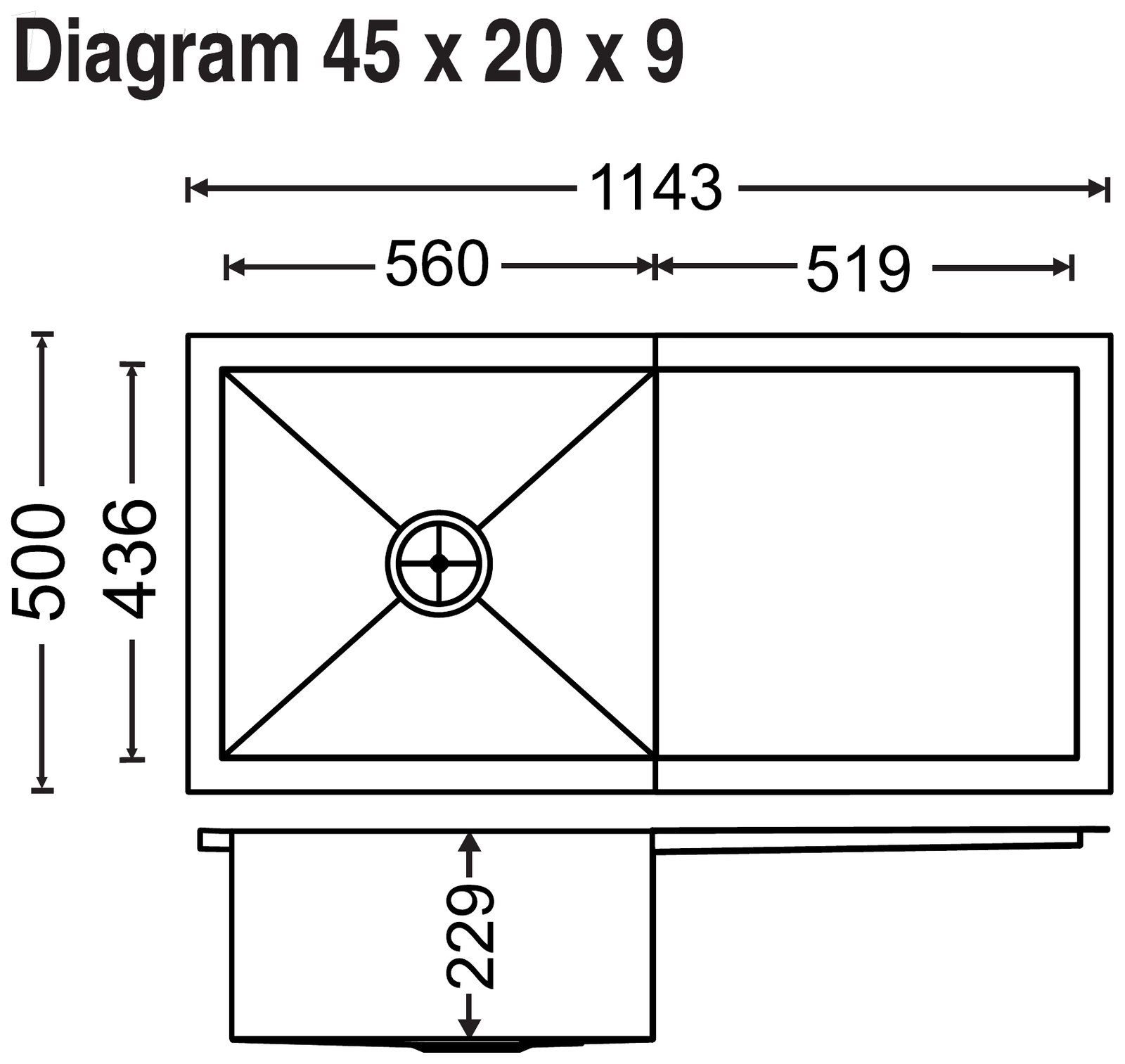 Carysil Quadro Single Bowl with Drainer 45x20x9 technical drawing