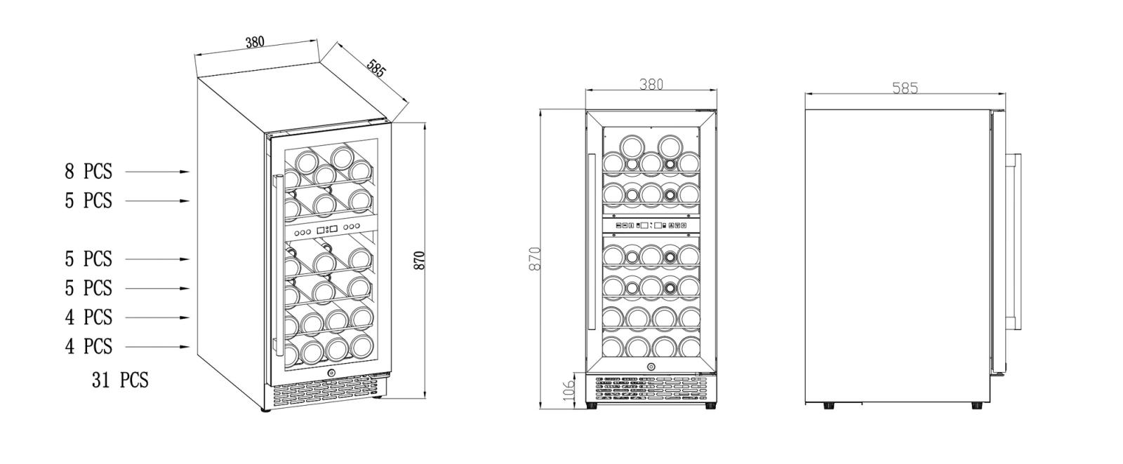 Free Standing Wine Chiller – 31 Bottles technical drawing