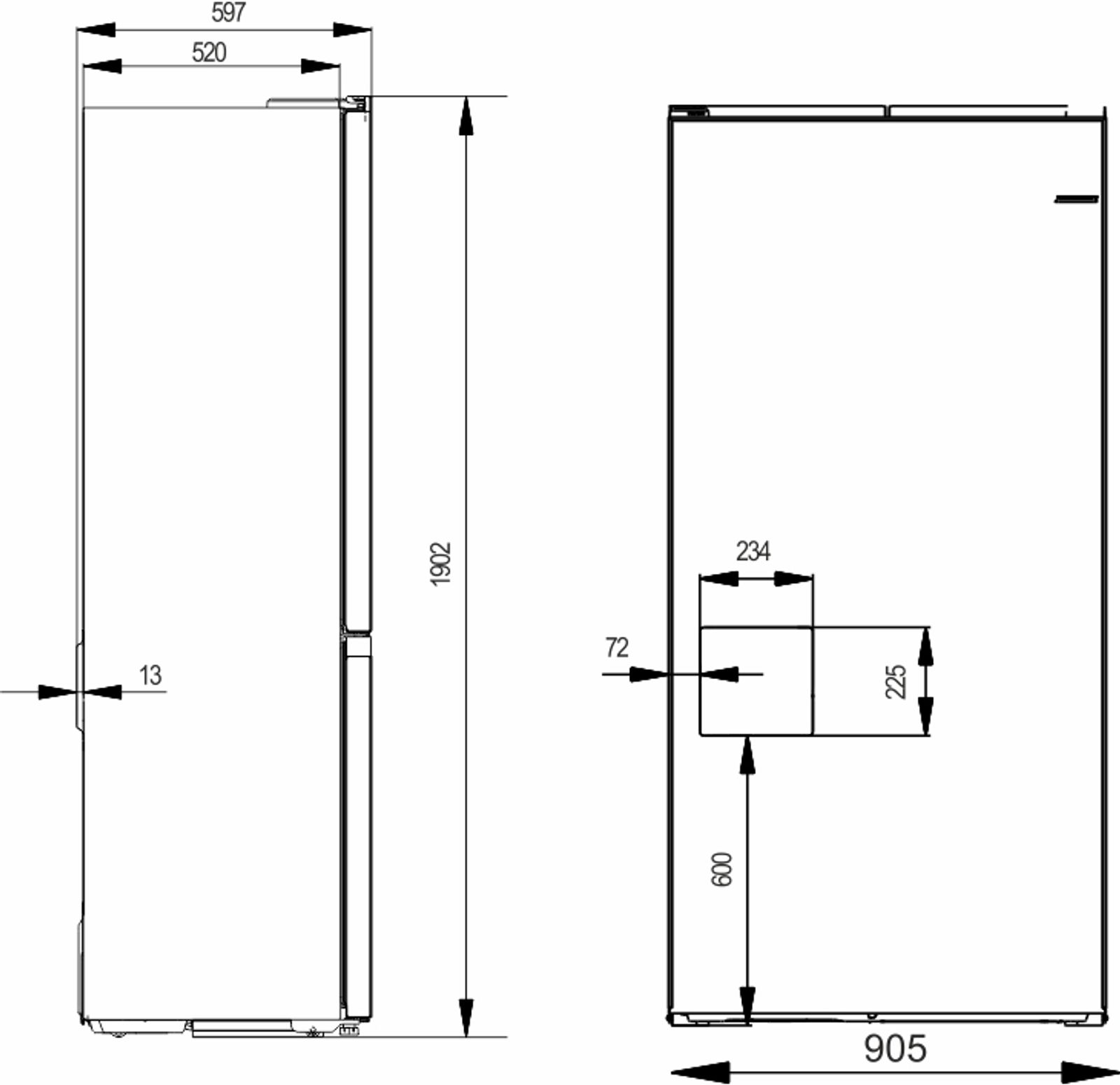 Slot-in Free Standing Refrigerator 90 CM technical drawing