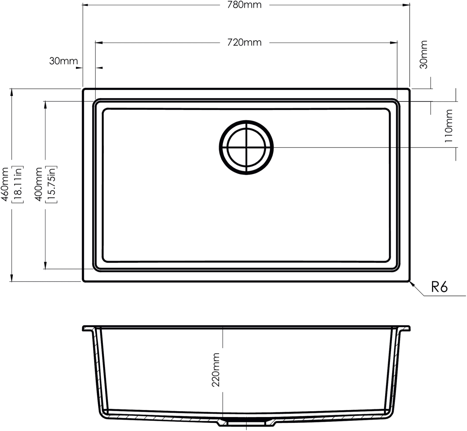 Carysil XL 780 Smart Series Single Bowl Kitchen Sink technical drawing