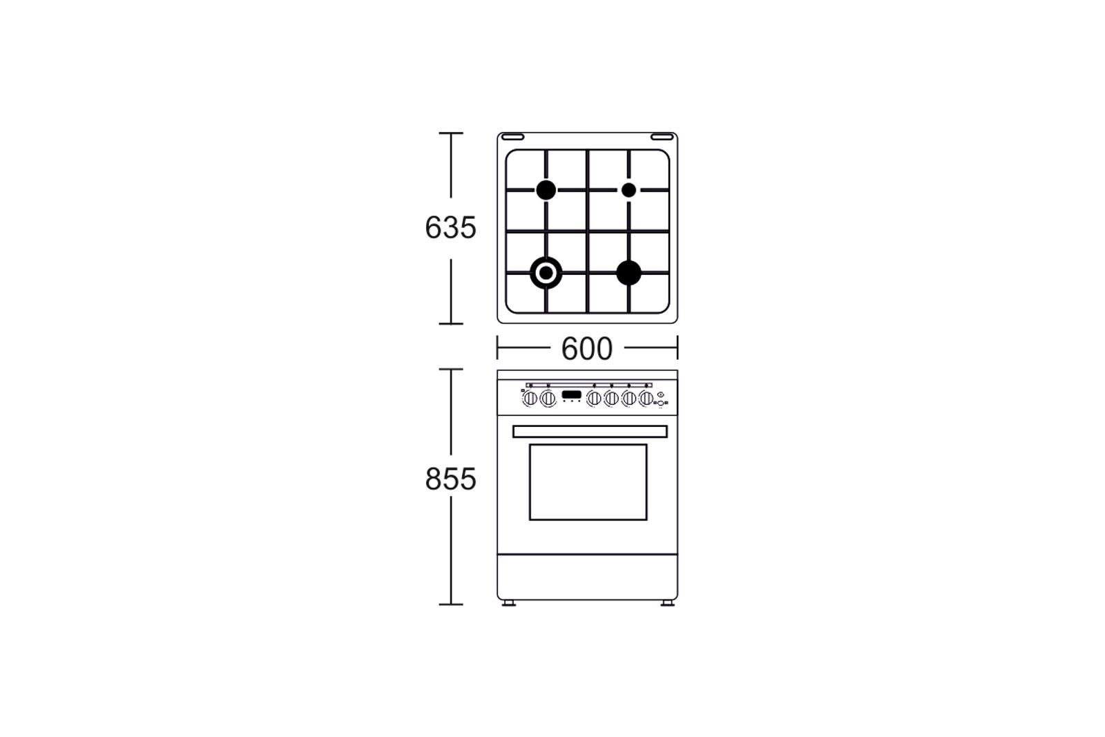 Carysil Free-Standing Cooking Range FSCR-01, 62L Gas Oven, 4 High-Power Italian SABAF Burners, Cast Iron Support, Digital Timer, Cooking, Baking, Grilling & Roasting, Stainless Steel Body, Silver technical drawing