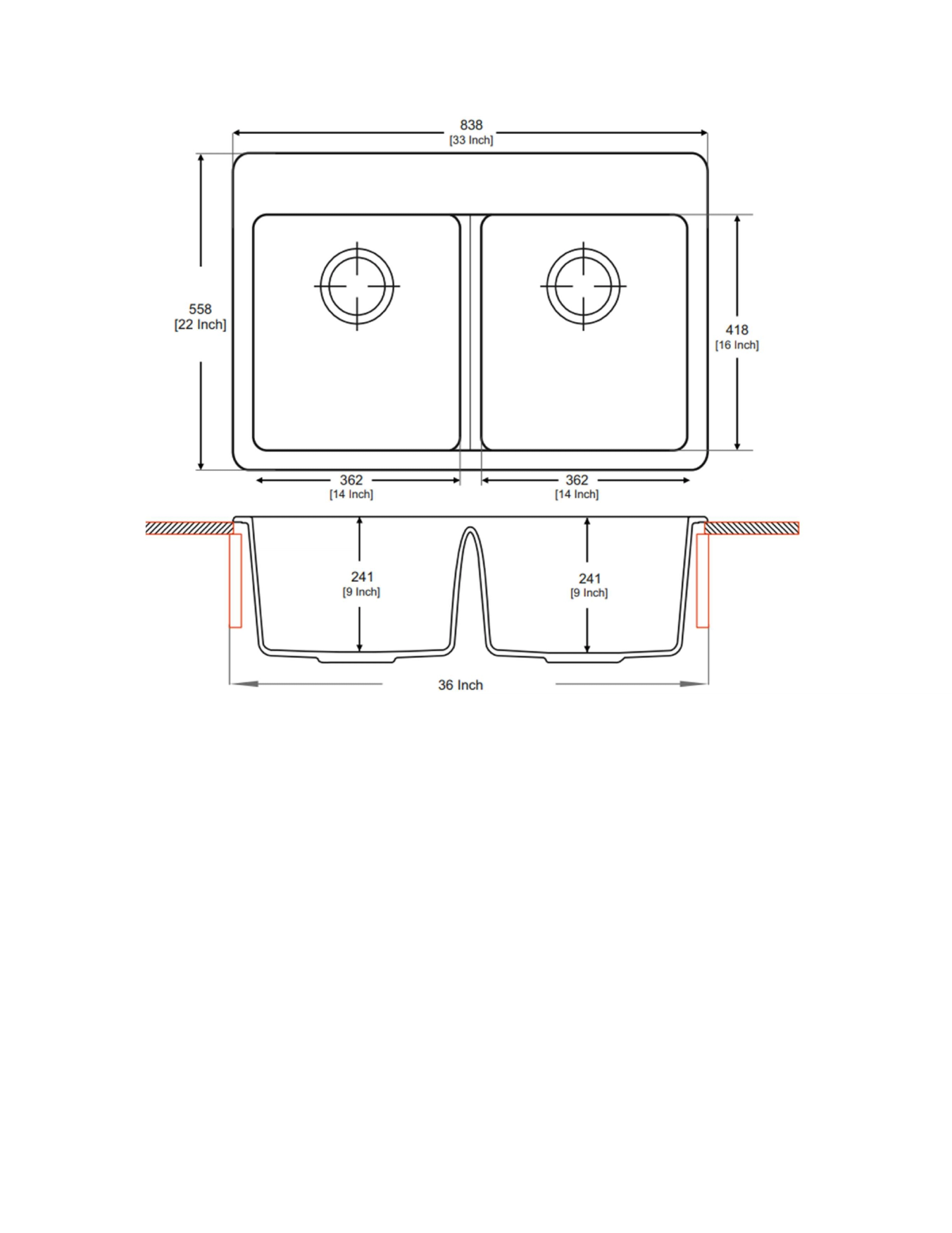 Carysil 3322 Tango Double Bowl kitchen Sink technical drawing