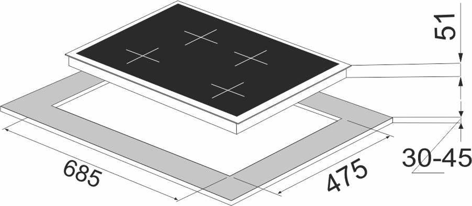 Carysil Pro 78cm Built-in Glass Hob, 4 Brass Burner technical drawing