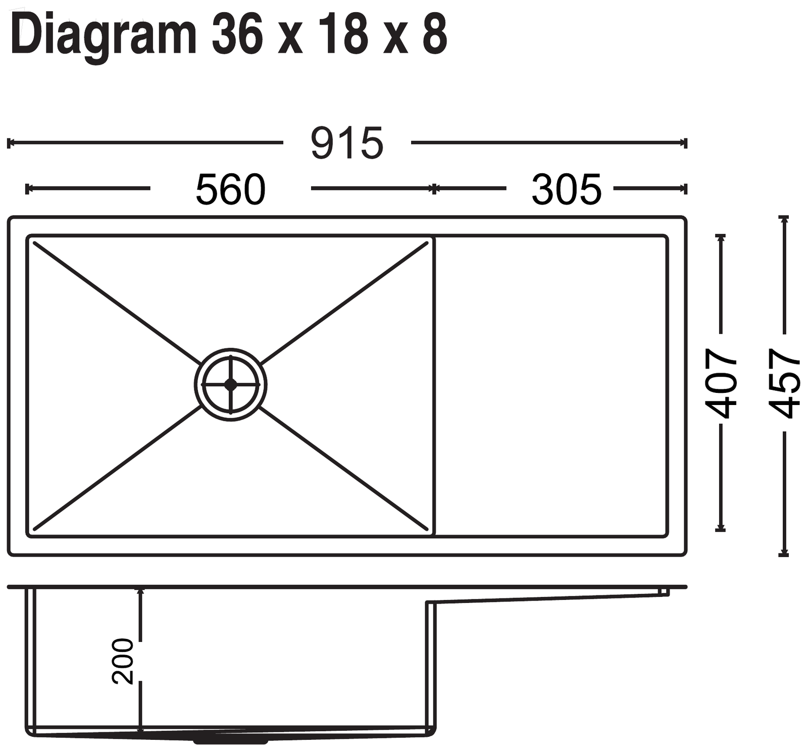 Carysil Micro Radius R10 Single Bowl with Drainer 36x18x8 technical drawing