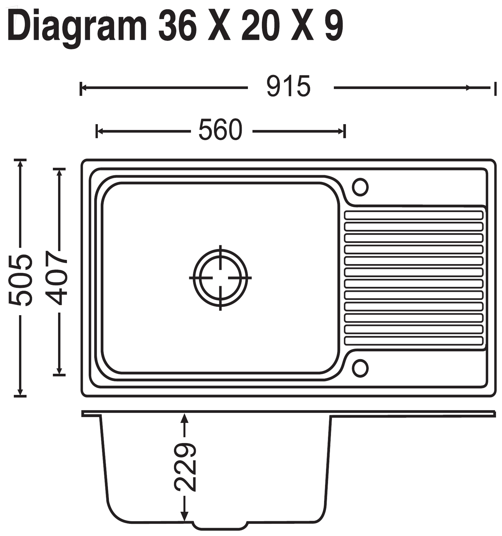 Carysil Vogue Single Bowl With Drainer 36x20x9 technical drawing
