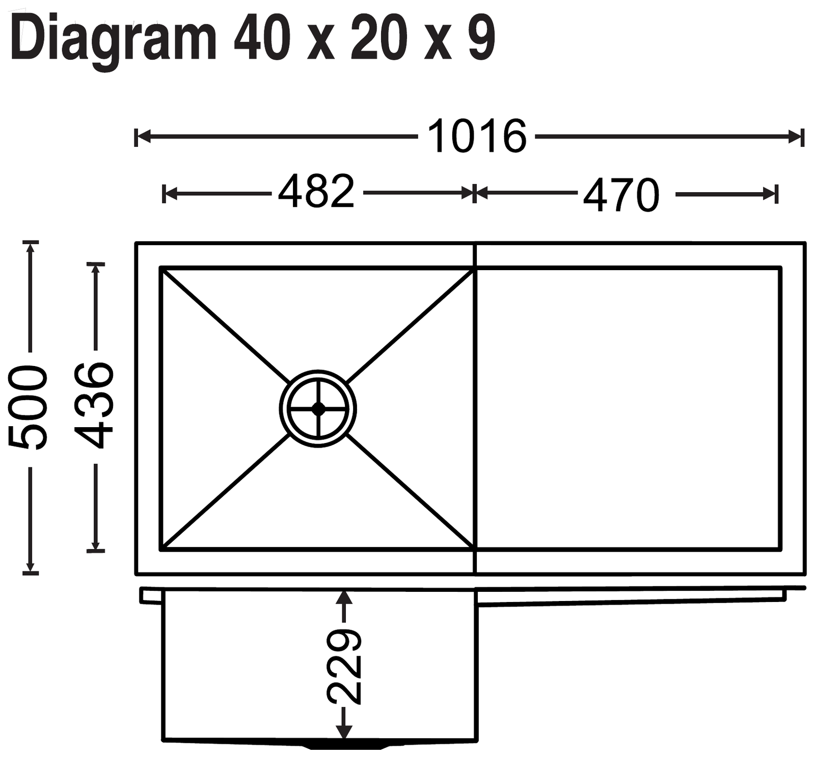 Carysil Quadro Single Bowl with Drainer 40x20x9 technical drawing