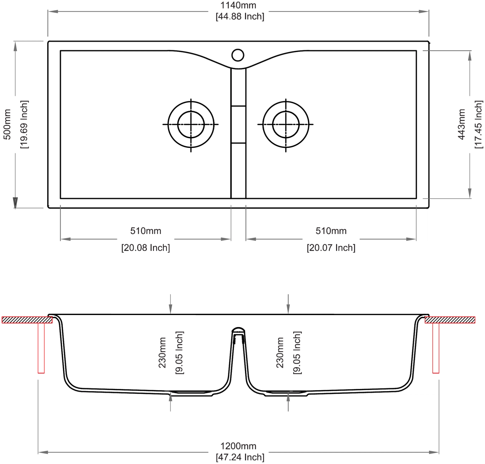 Carysil 4520 Largo Double Bowl Kitchen Sink technical drawing