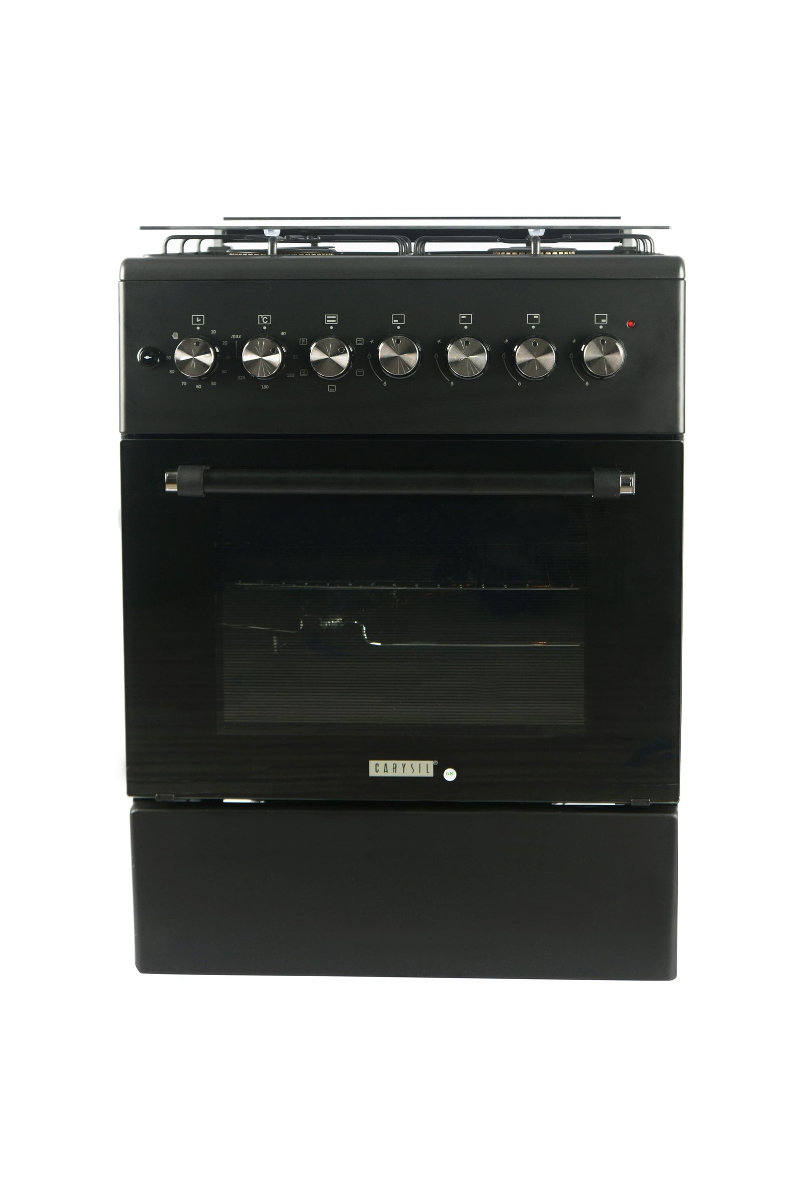 Carysil Free-Standing Cooking Range FSCR-04, 62L Electric Oven, 4 High-Power Italian SABAF Burners, Cast Iron Support, Digital Timer, Cooking, Baking, Grilling & Roasting, Stainless Steel Body, Black