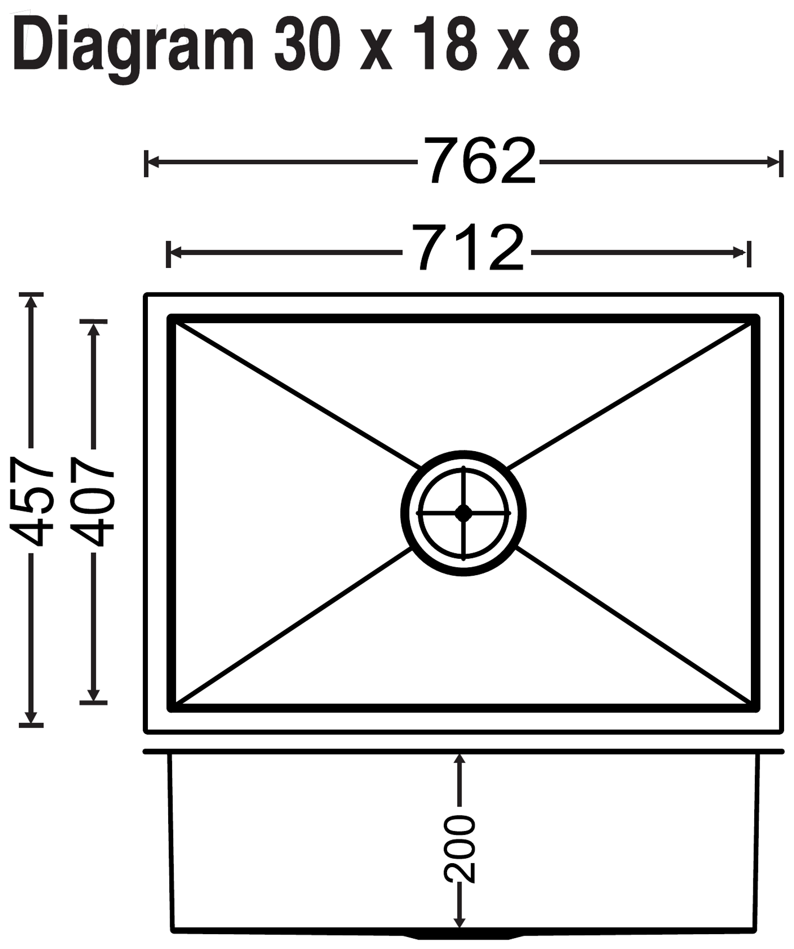 Carysil Quadro Q10 Single Bowl 30x18x8 technical drawing