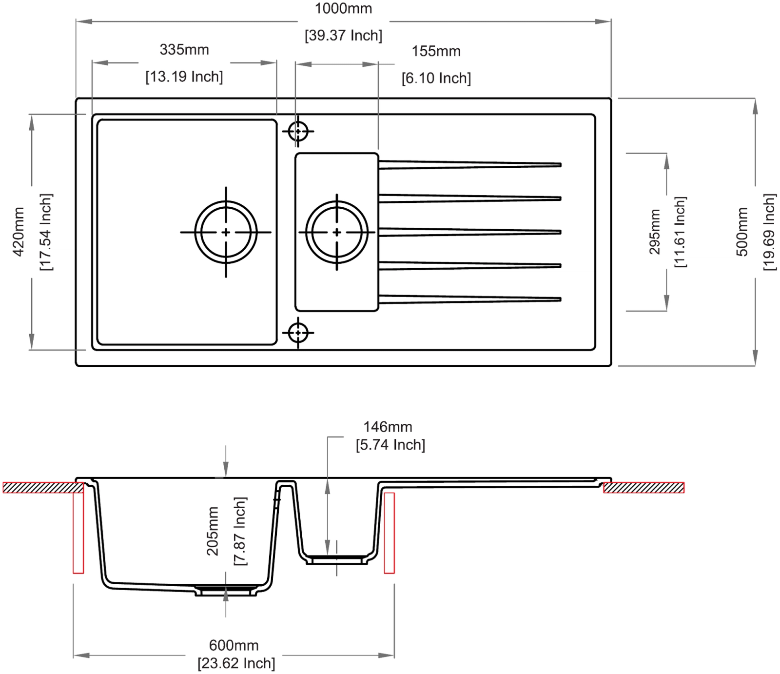 Carysil D150 Vivaldi One and Half Bowl with Drainer technical drawing