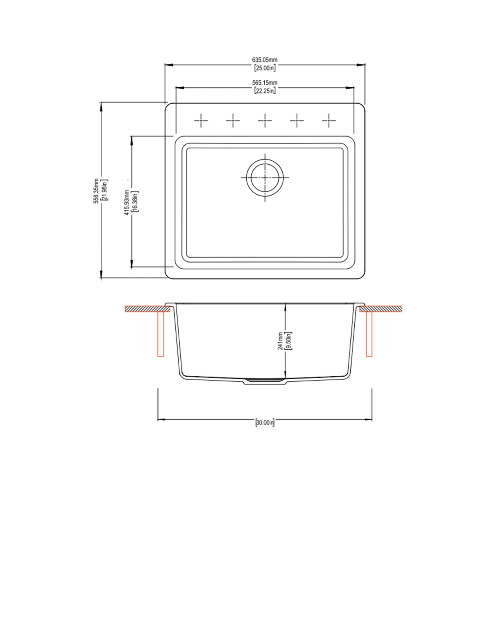 Carysil 2522 Tango Single Bowl Kitchen Sink technical drawing