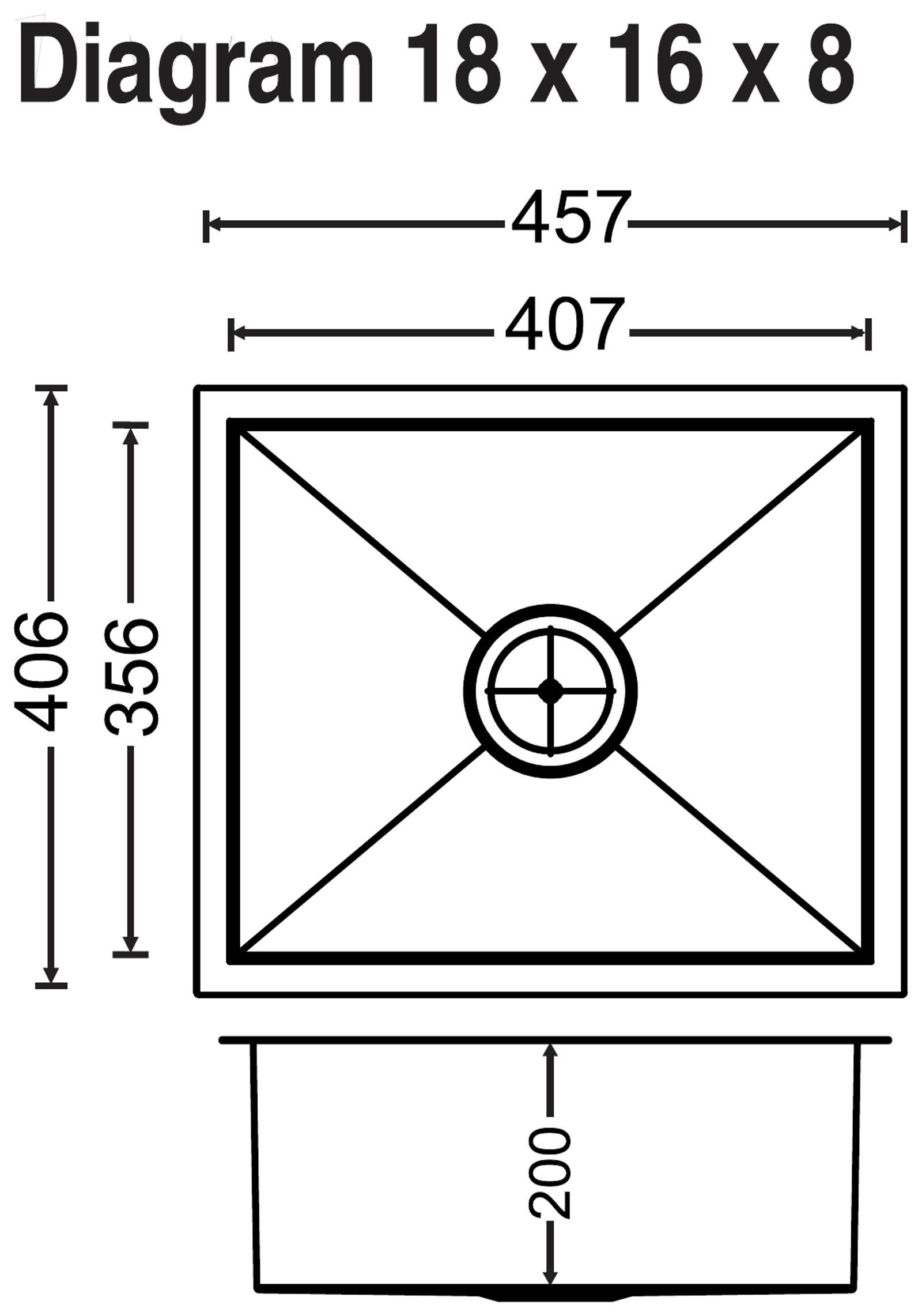 Quadro Single Bowl 18x16x8 technical drawing