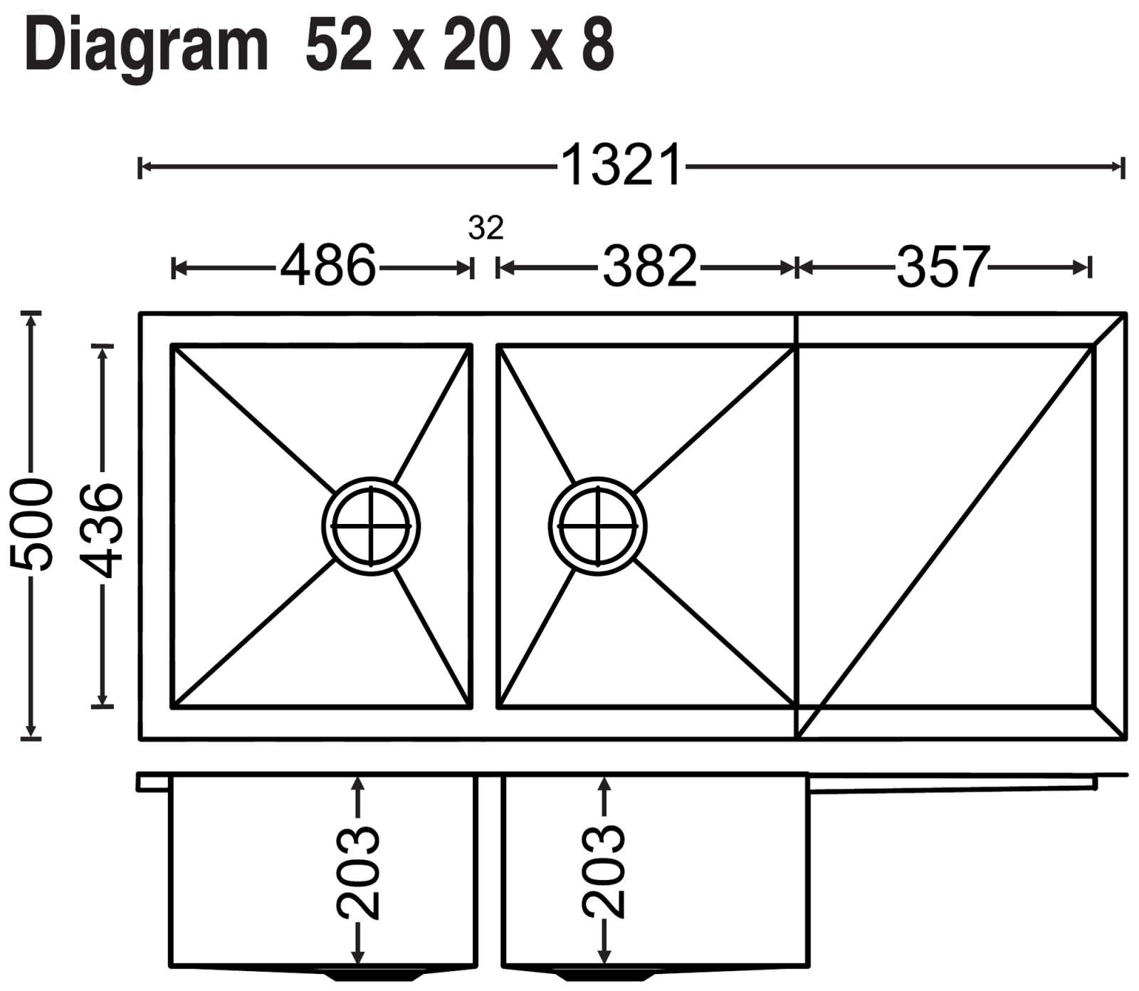 Carysil Quadro Double Bowl With Drainer 52x20x8 technical drawing