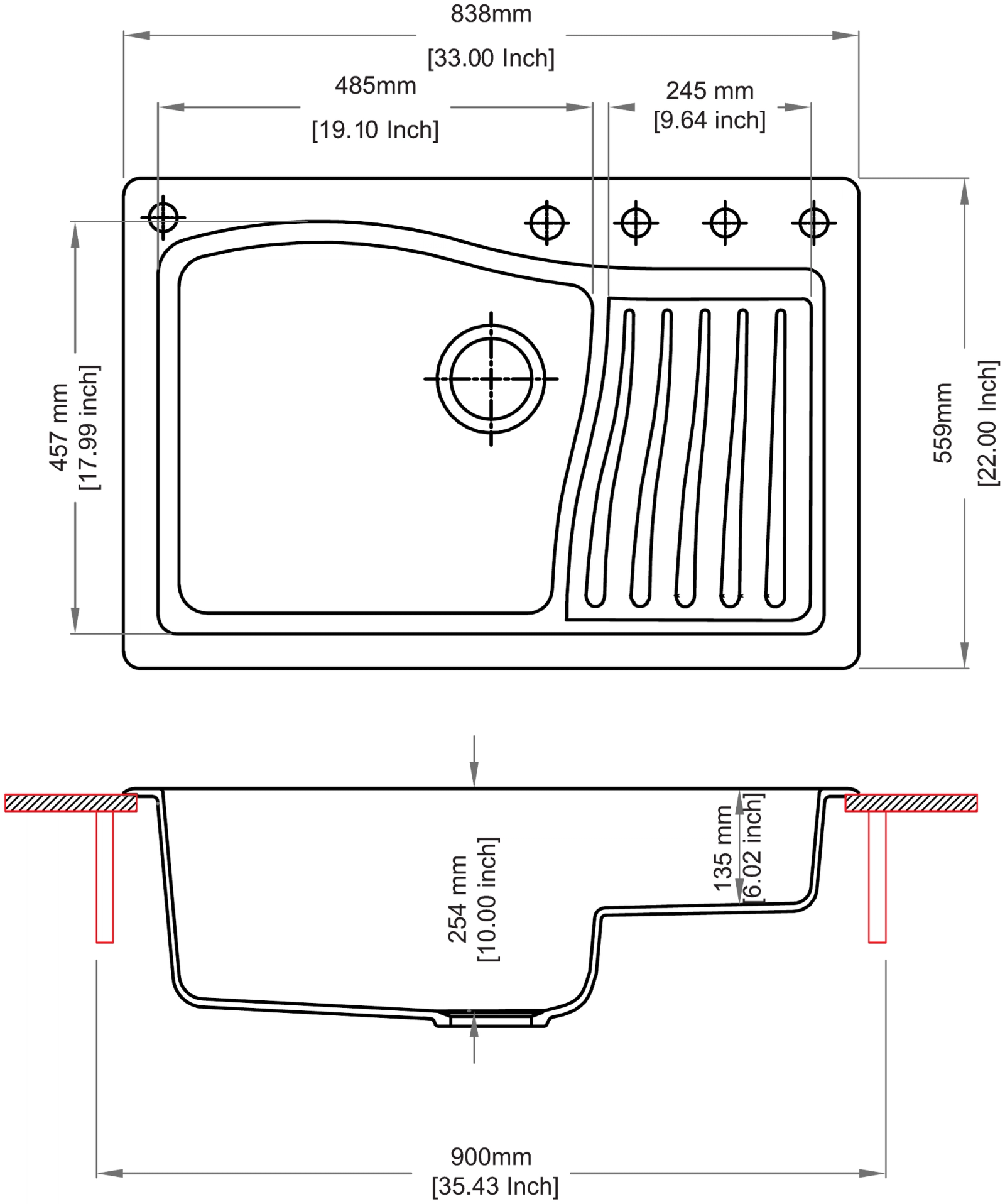 Carysil D100 Swan Single Bowl with Drainer Kitchen Sink technical drawing