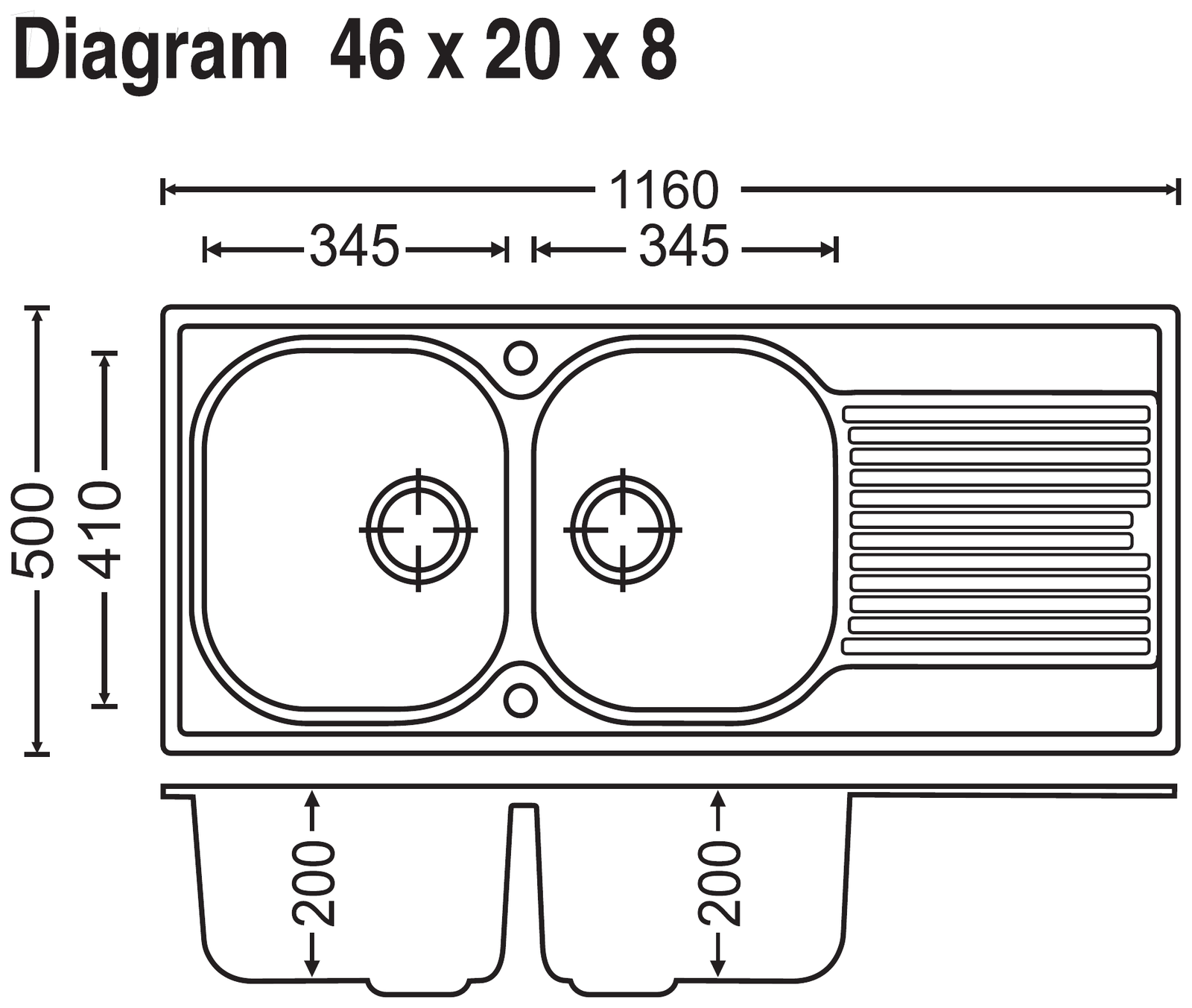 Carysil Vogue Two Bowl With Drainer 46x20x8 technical drawing