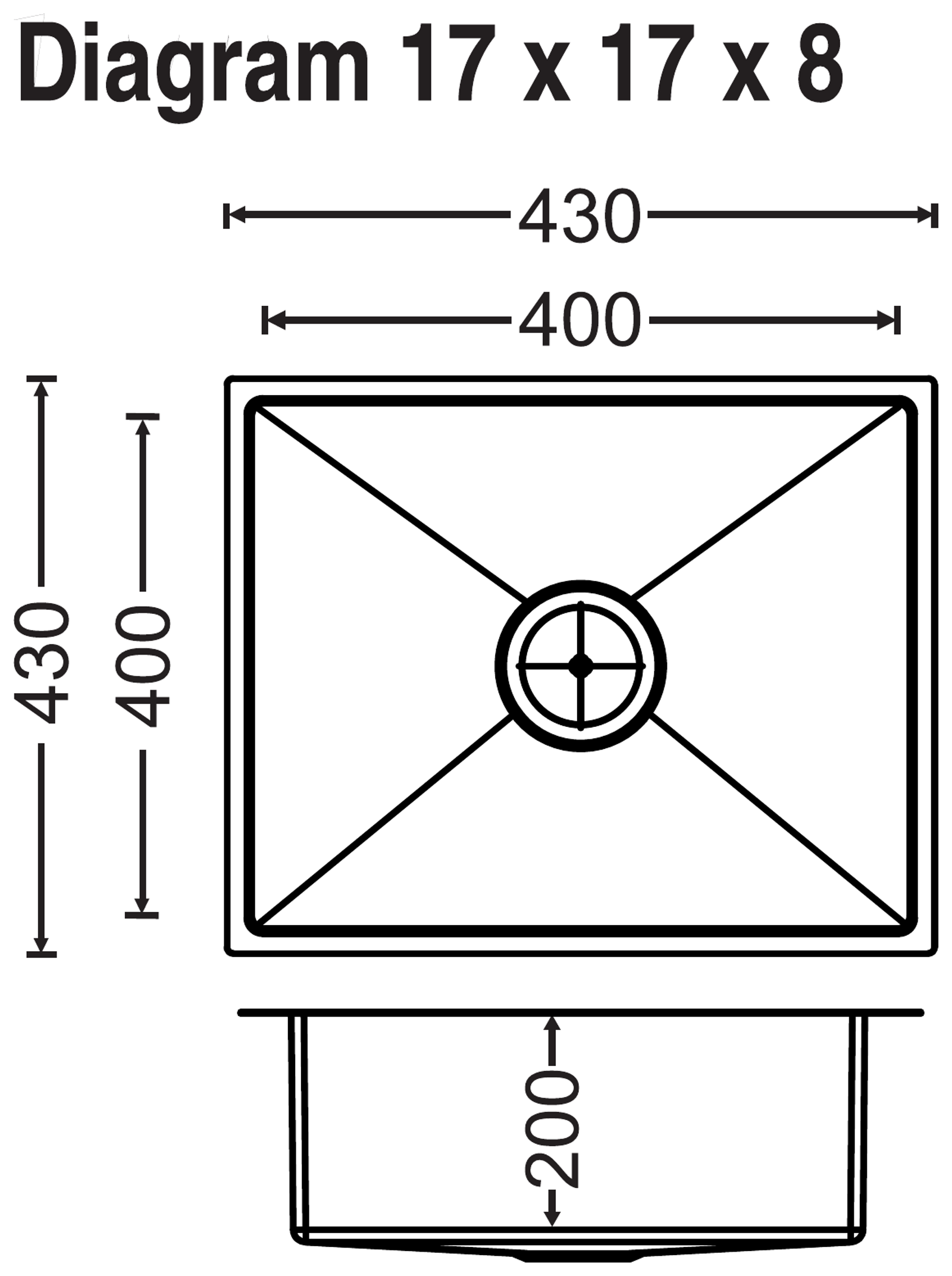 Carysil Quadro Q10 Single Bowl 17x17x8 technical drawing