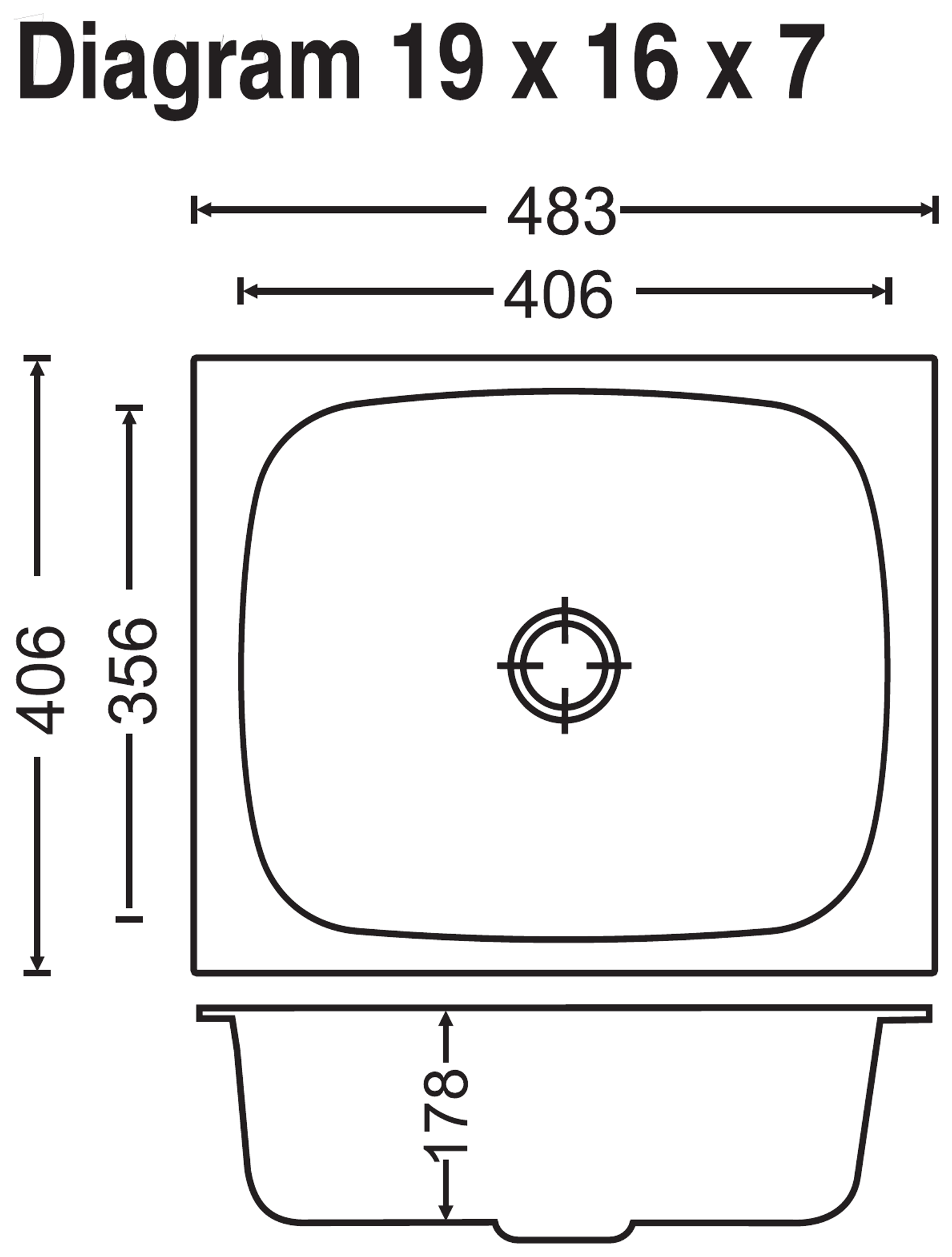 Carysil Elegance Single Bowl 19x16x7 technical drawing
