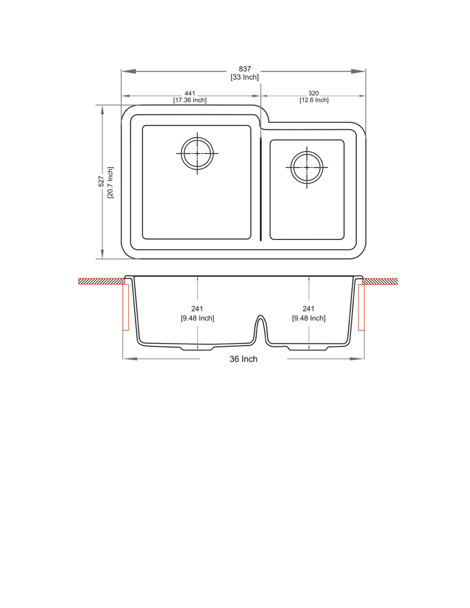 Carysil LBU 3322 Tango Double Bowl kitchen Sink technical drawing