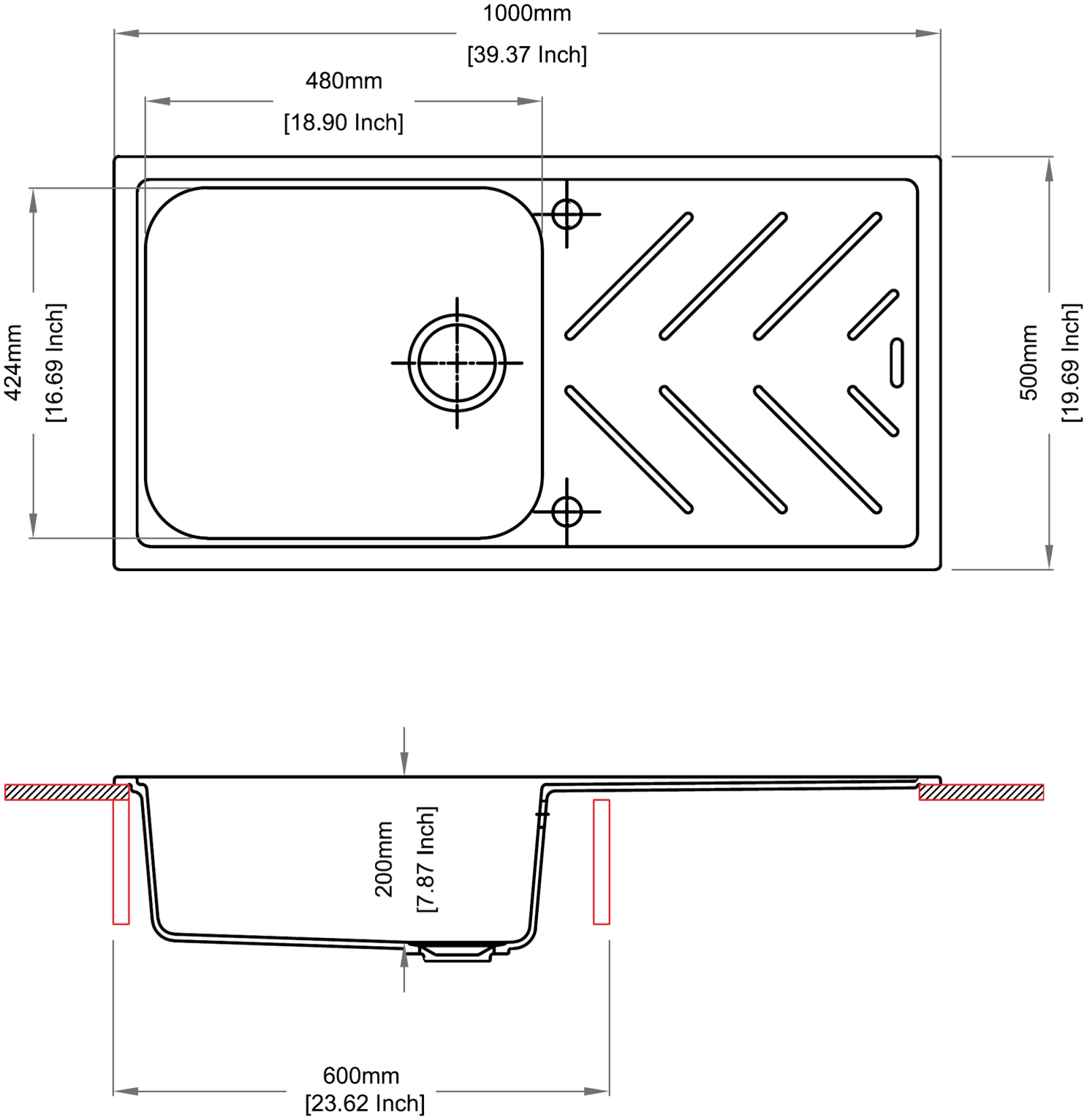 Carysil D100L Inox New Beethoven Single Bowl kitchen sink with Drainer technical drawing